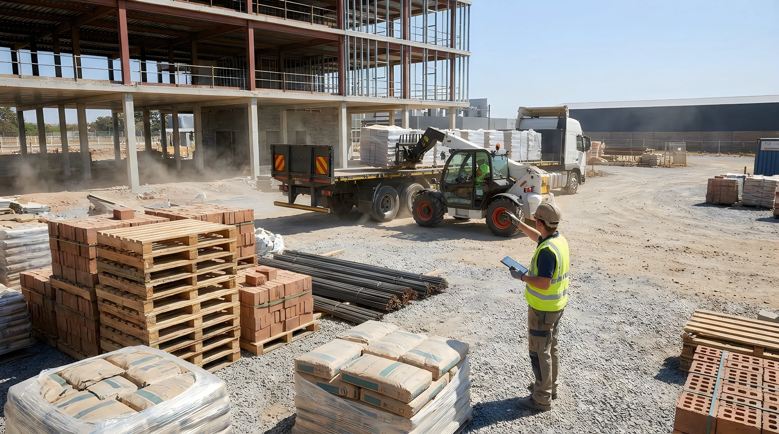 Forklift unloading construction materials from trailer with logistics personnel in foreground
