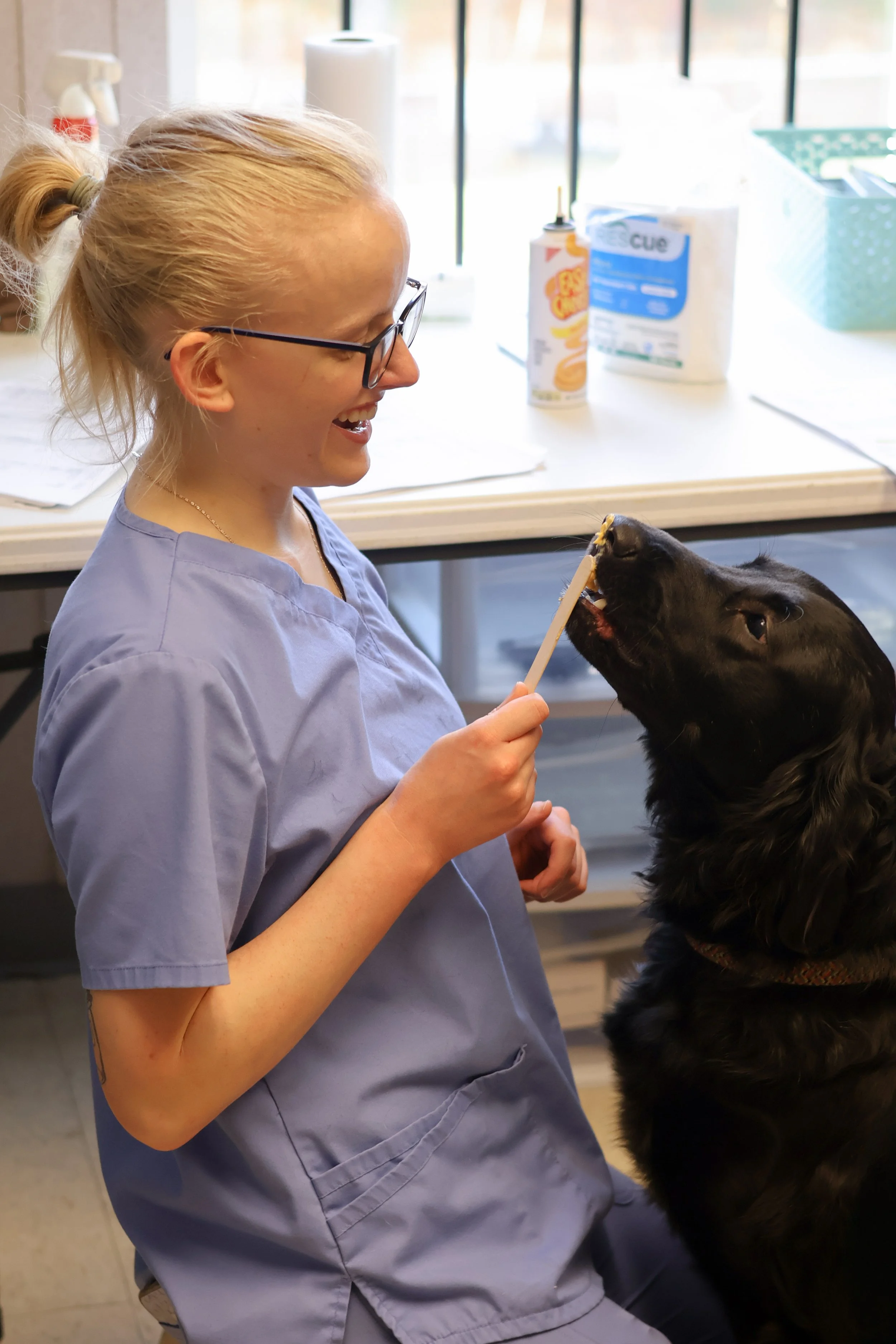 A woman in scrubs, wearing glasses, smiling and holding a popsicle, shared with a black dog with a brown collar in a veterinary or animal care setting.