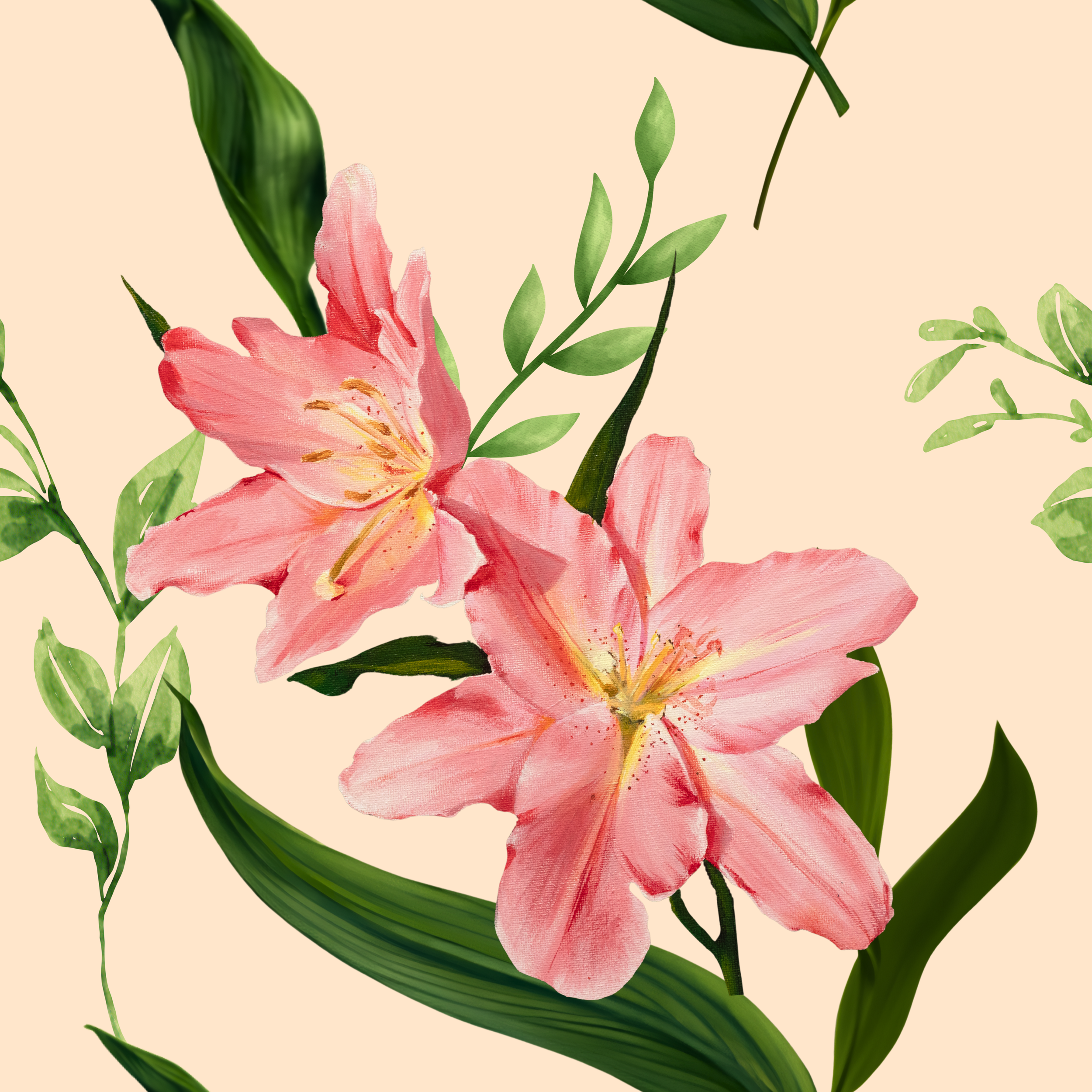 A pink lily flower with green leaves and stems on a light peach background.