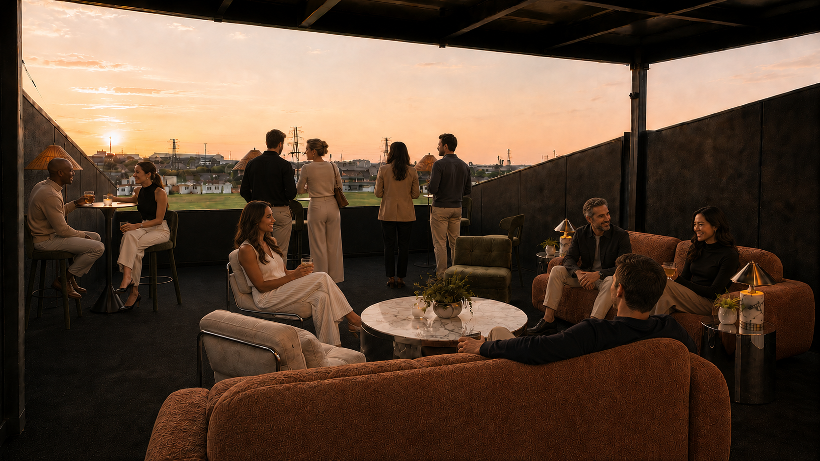 Grupo de personas disfrutando de una reunión social en una terraza durante el atardecer, con vista a una ciudad.