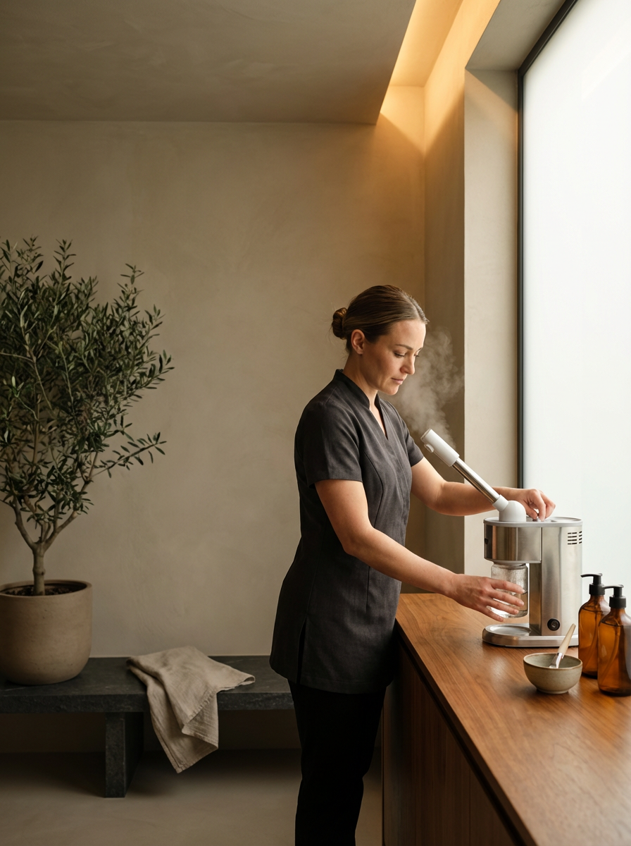 A woman in a black uniform making juice with a juicer near a large window in a modern kitchen.