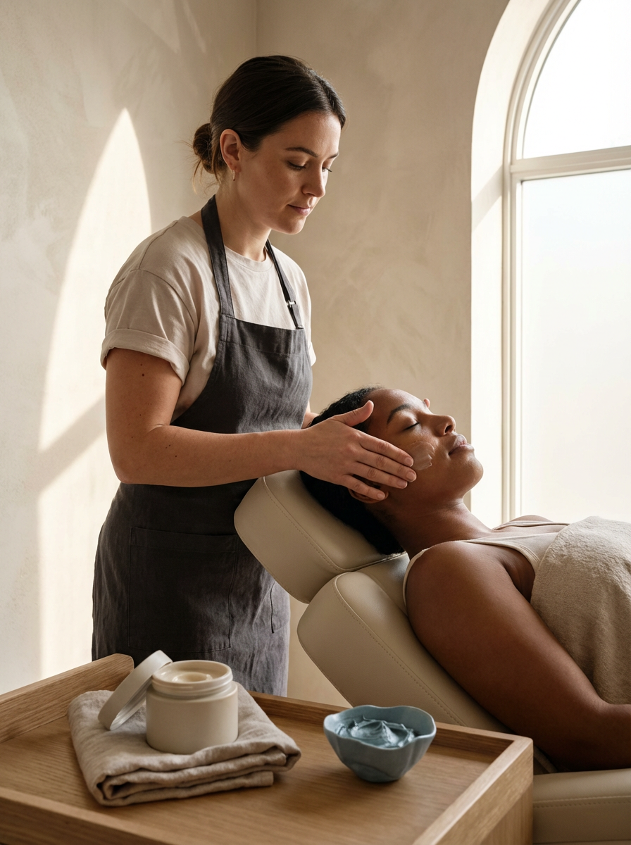 A woman receiving a facial massage from a skincare professional in a spa with natural light from a window.