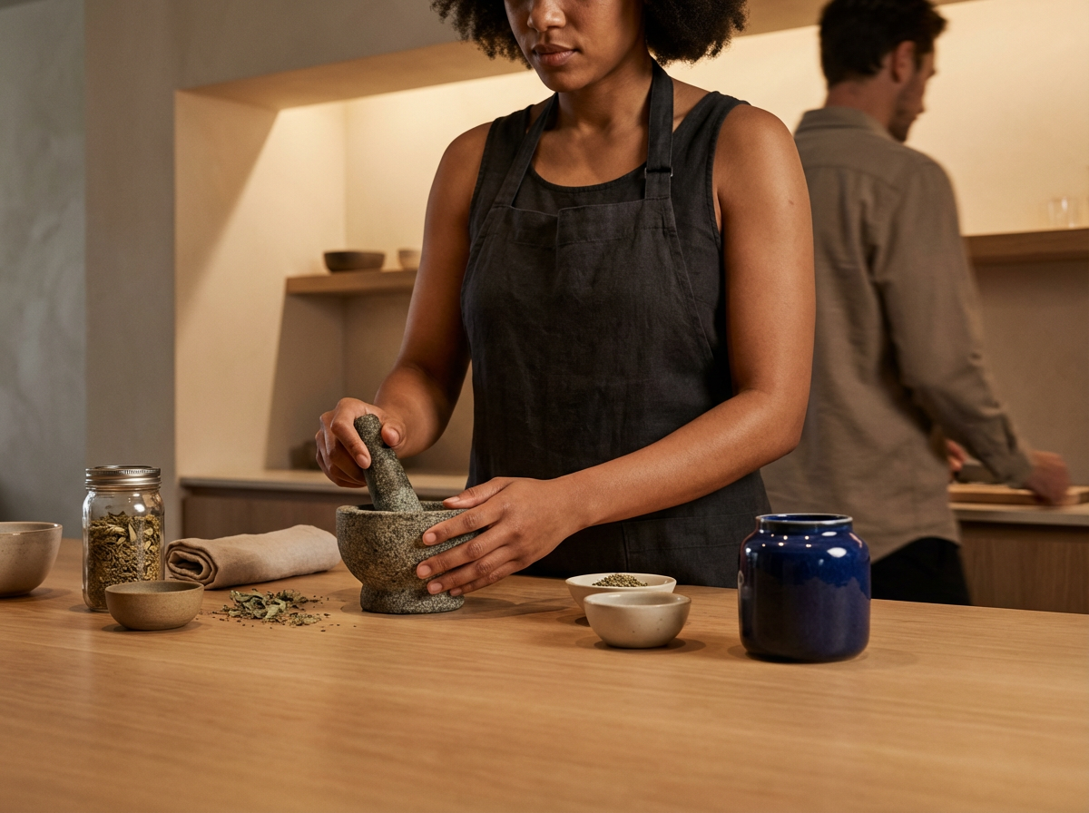 A woman is using a mortar and pestle to grind herbs on a wooden kitchen counter. There are small bowls, a jar of herbs, and a dark blue ceramic pot around her. In the background, a man is standing at the counter with his back turned.