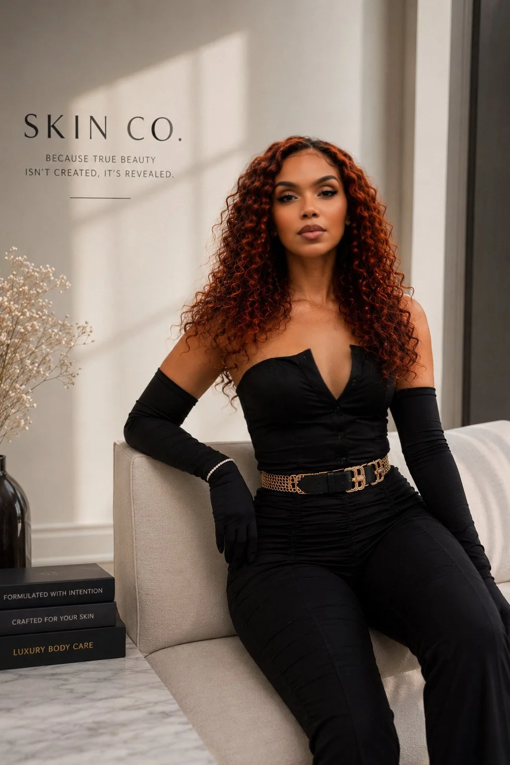 A woman with curly red hair and medium skin tone sitting on a beige chair in a modern room with a white wall. She is wearing a black strapless top, black pants, long black gloves, and a gold chain belt. Behind her is a stack of skincare books, and a vase with white flowers is on the side. Text on the wall reads: "SKIN CO. Because true beauty isn't created, it's revealed."