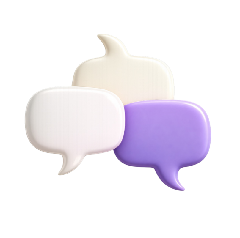 Overlapping speech bubbles in white, cream, and purple.