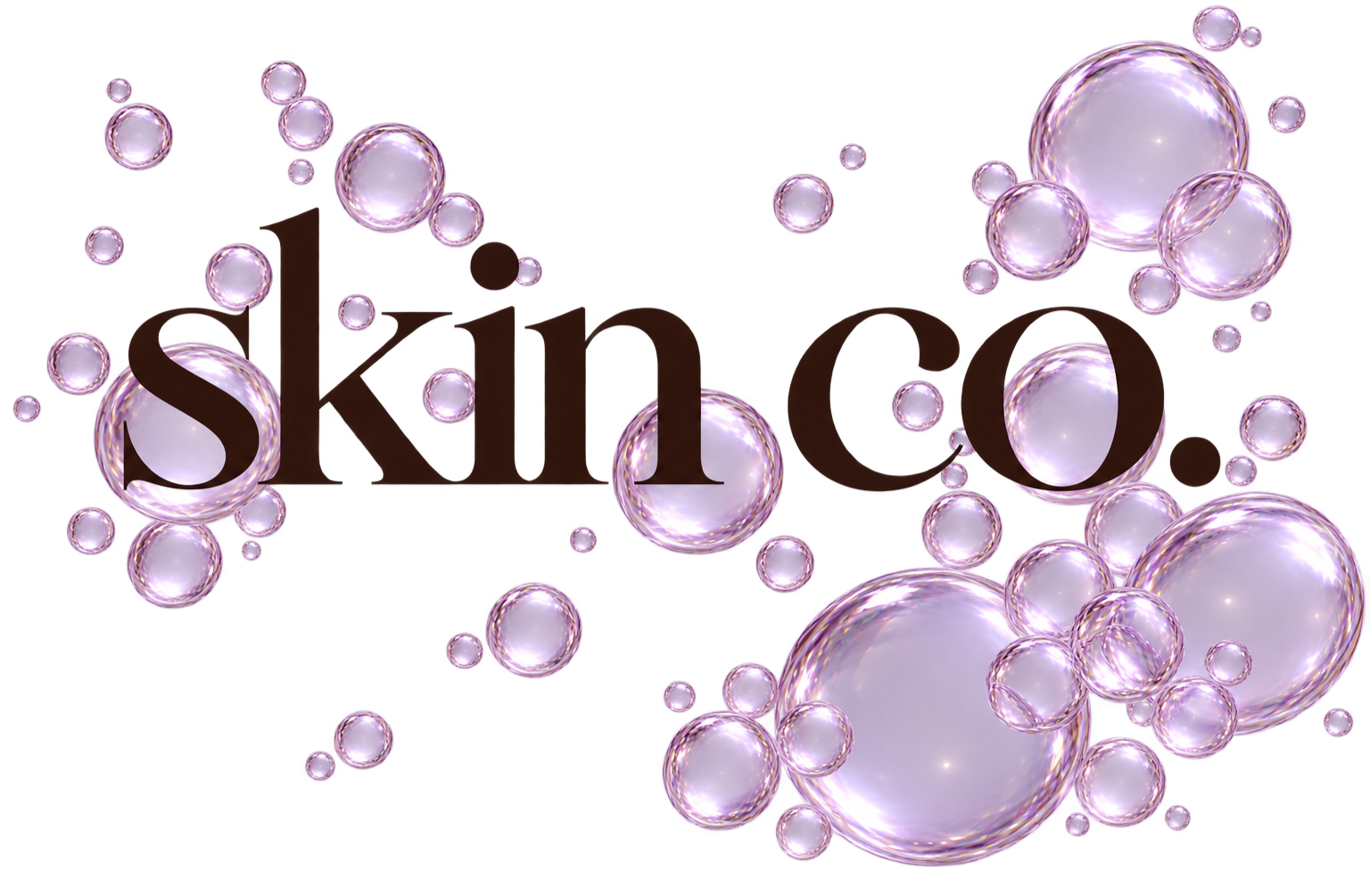 The word 'skin co.' is displayed with a background of transparent purple bubbles.