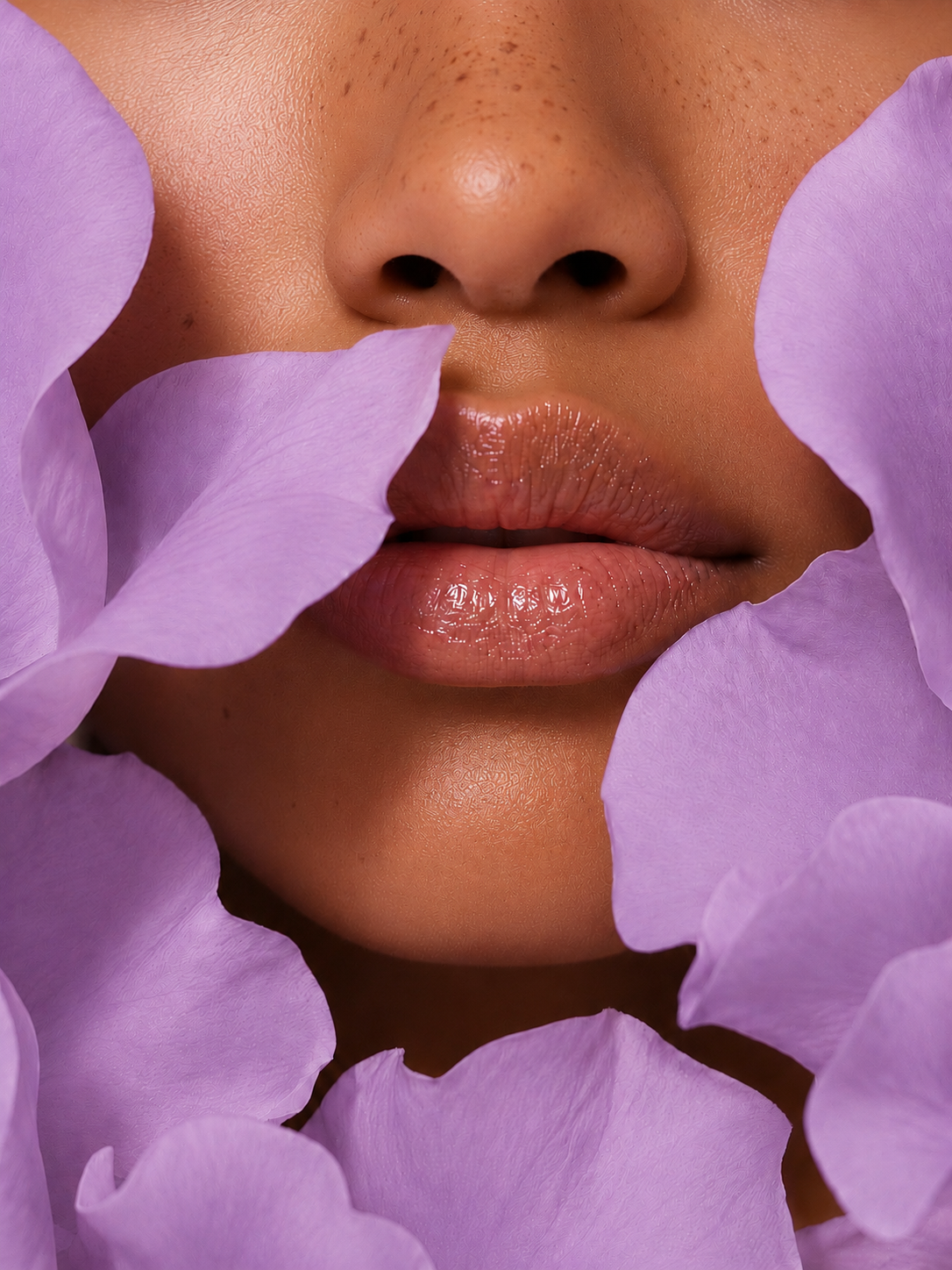 Close-up of lips framed by soft purple flower petals.
