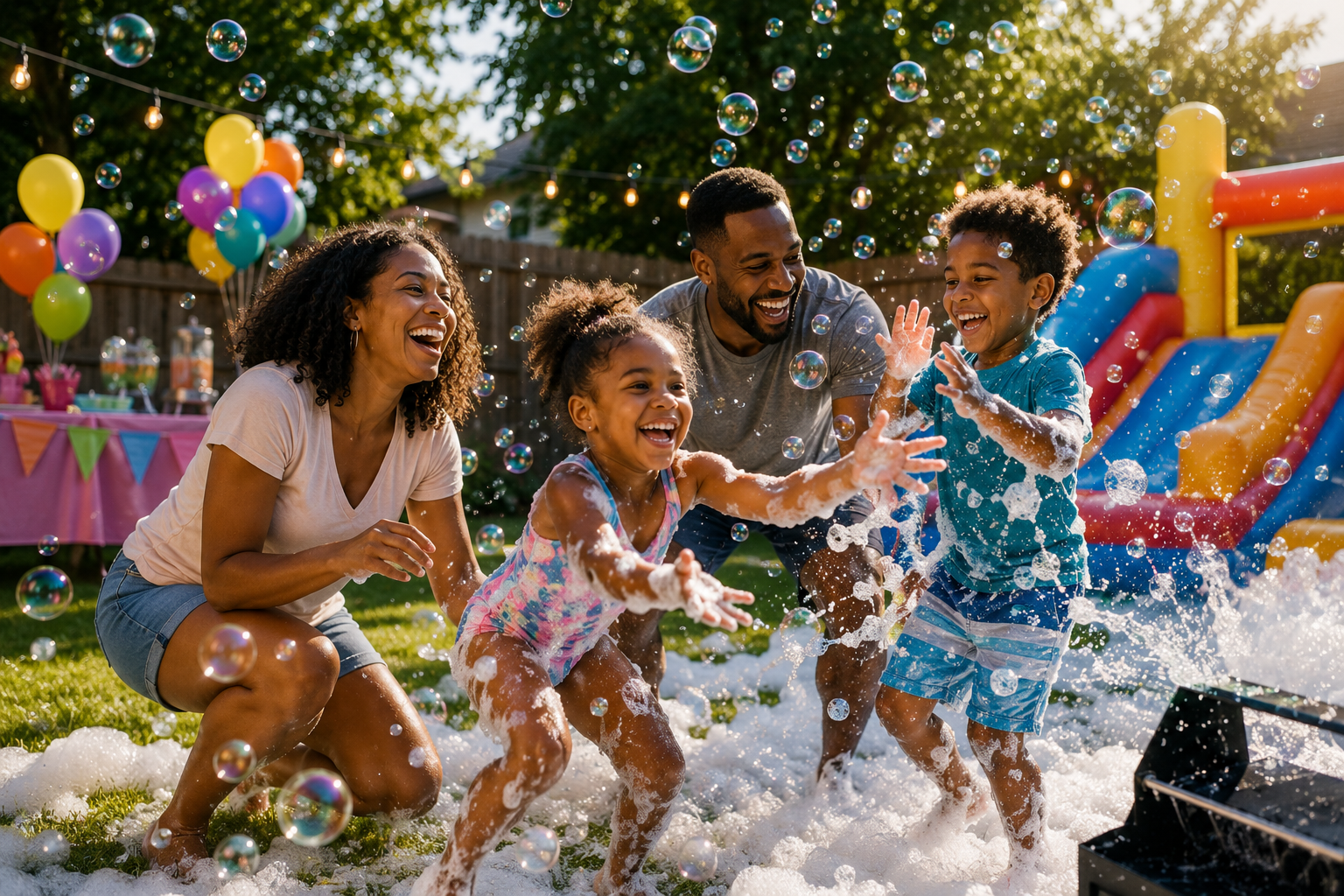 Family enjoying an RMC Rentals backyard foam and bubble party in Fort Worth, Texas.