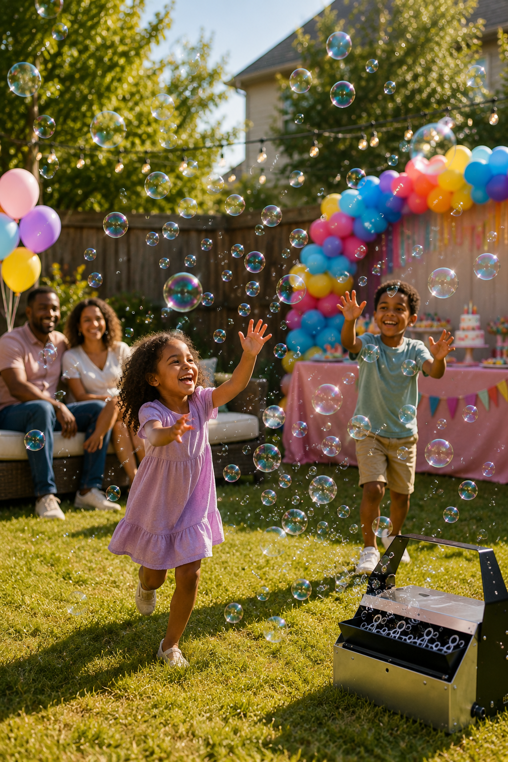 Children enjoying an RMC Rentals backyard bubble birthday party in Fort Worth, Texas.
