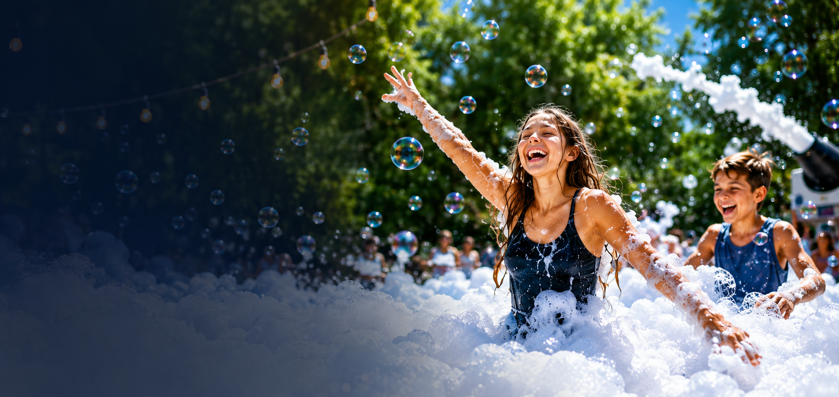 Children enjoying an RMC Rentals foam party with bubbles in Fort Worth, Texas.