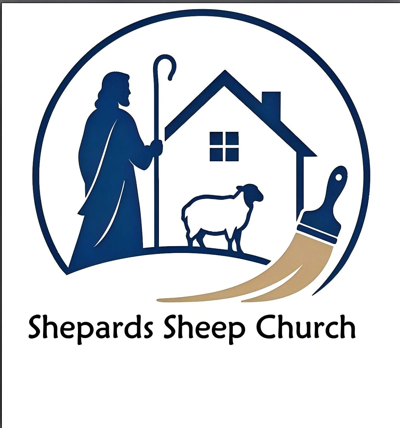 Logo for Shepards Sheep Church featuring a shepherd, a sheep, a house, and a paintbrush with the church name below.