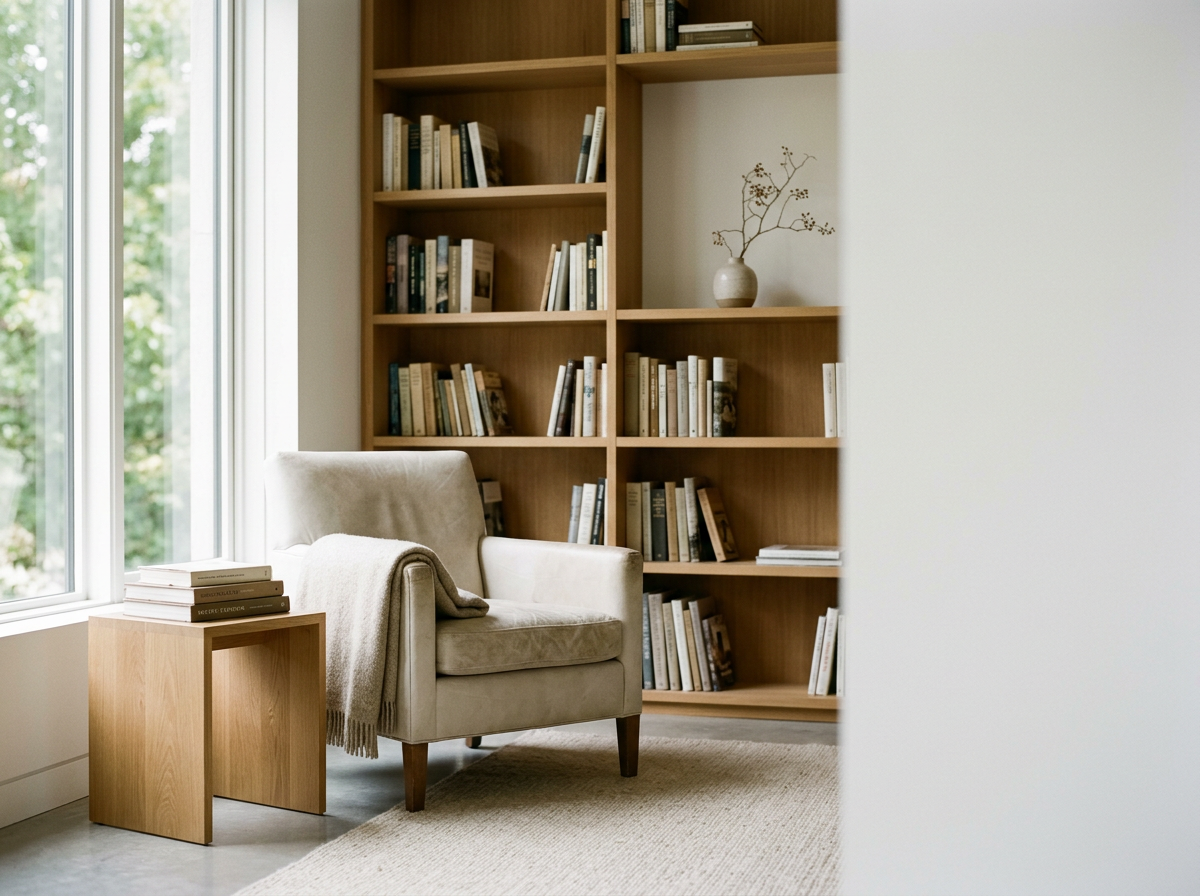 A cozy reading nook with a beige armchair draped with a blanket, beside a small wooden side table with books, and a large window with greenery outside. A tall wooden bookshelf filled with books and a decorative vase with dried branches is in the background.