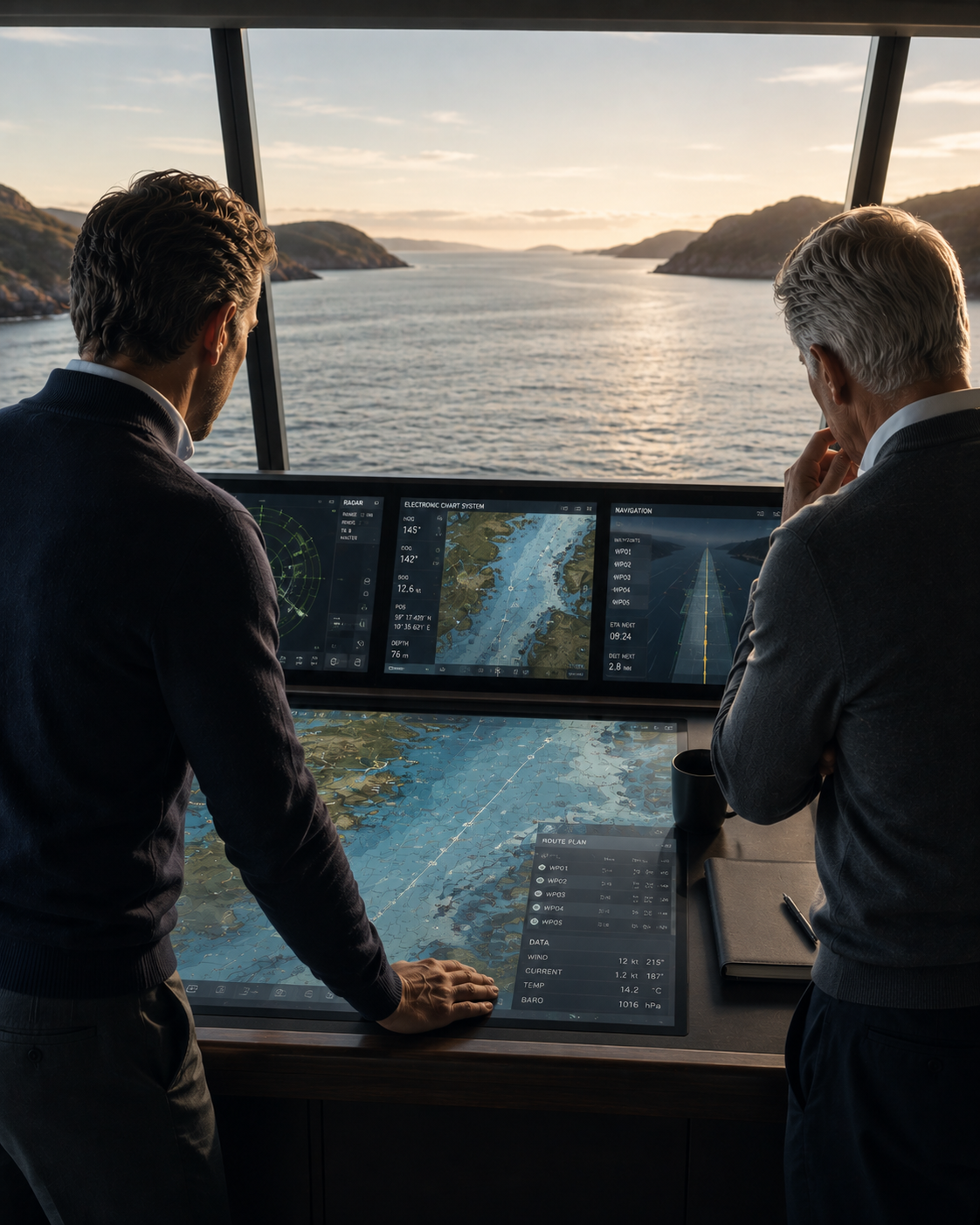 Two business leaders reviewing navigation information while looking toward the passage ahead.