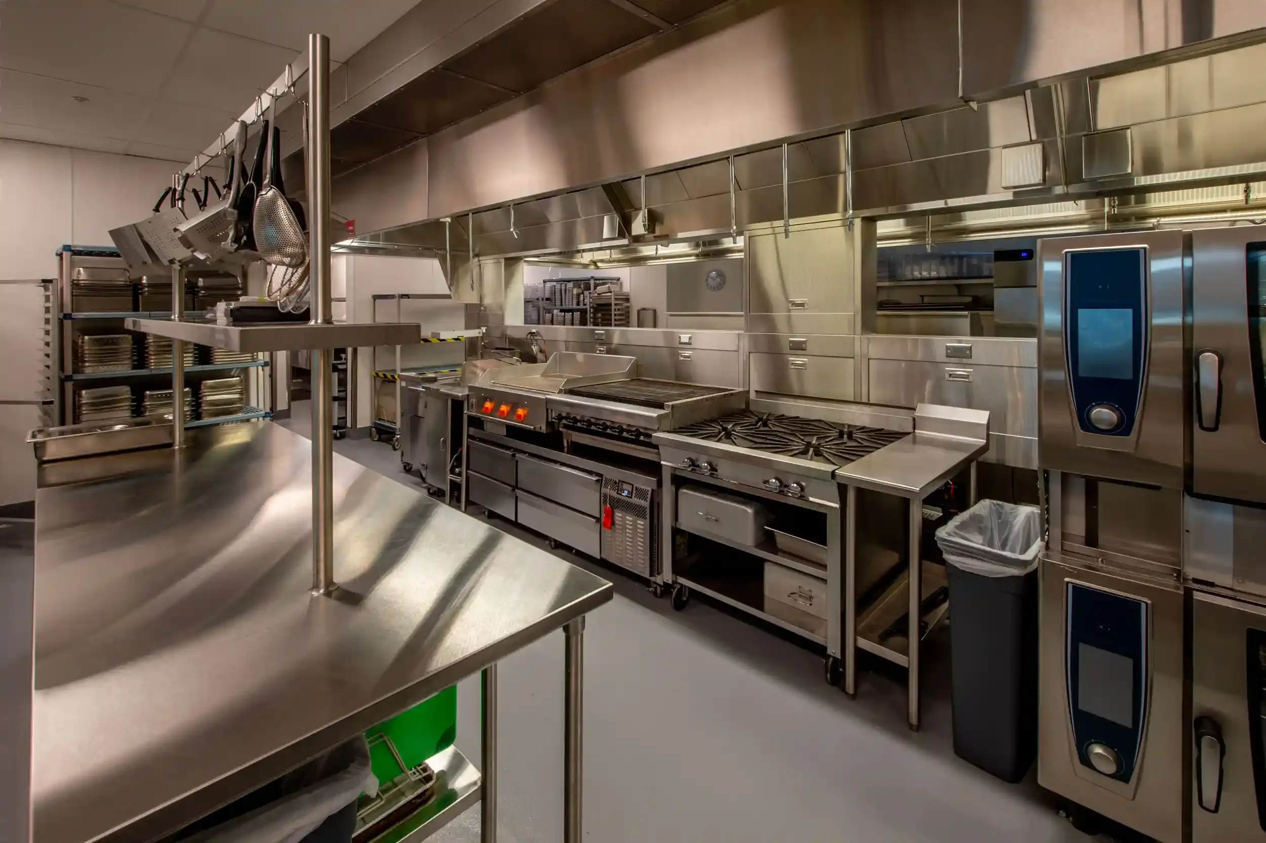 stainless steel workspace and commercial kitchen equipment