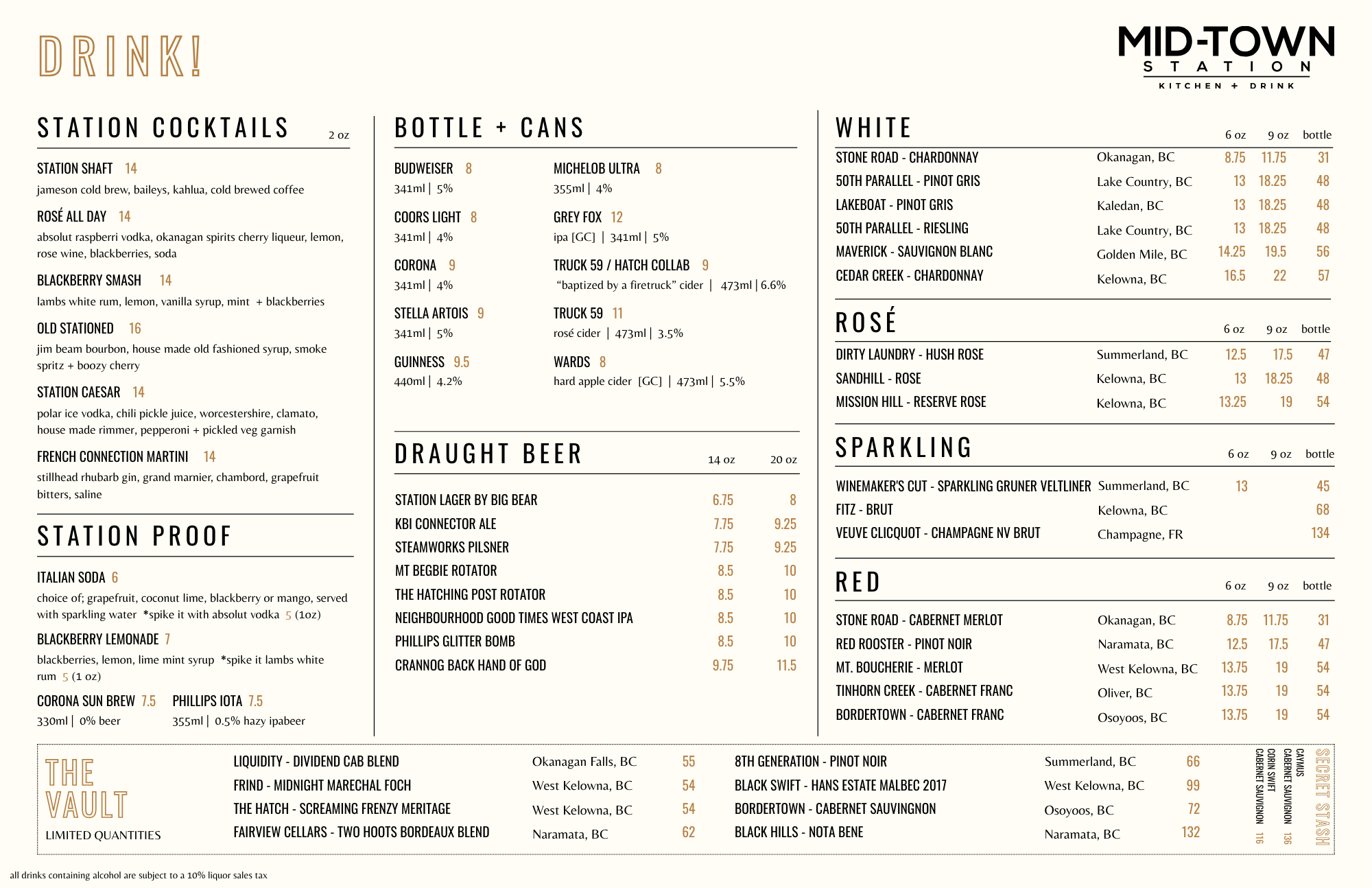 Menu from MID-TOWN STATION featuring sections for station cocktails, bottles and cans, white wines, rosé wines, sparkling wines, red wines, draught beer, and the Vault limited editions with listed drink names, descriptions, and prices.
