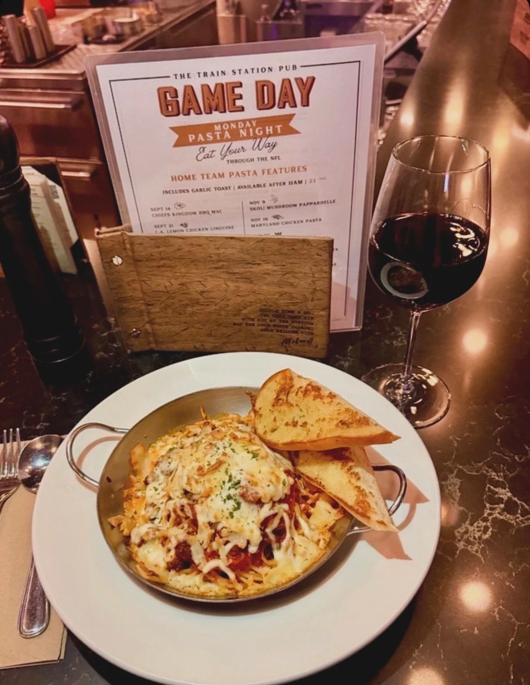 Sunday is stacked for games. Monday&rsquo;s got pasta.

Catch today&rsquo;s games at the pub, then come back tomorrow for our Home Team Pasta Feature:
 
Chicago Baked Spaghetti 🍝
Seasoned beef, mozzarella + Parmesan, baked until bubbling and golden.