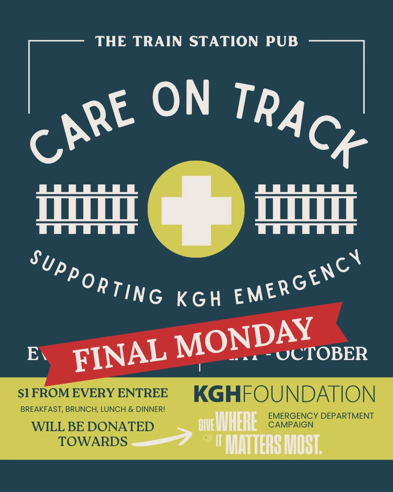 Tomorrow is the final Monday of Care on Track, and every entr&eacute;e all day helps support the KGH Foundation Emergency Department Campaign 

Grab your favourite, bring your people, and help us make this final push count. ❤️

One last Monday. One l