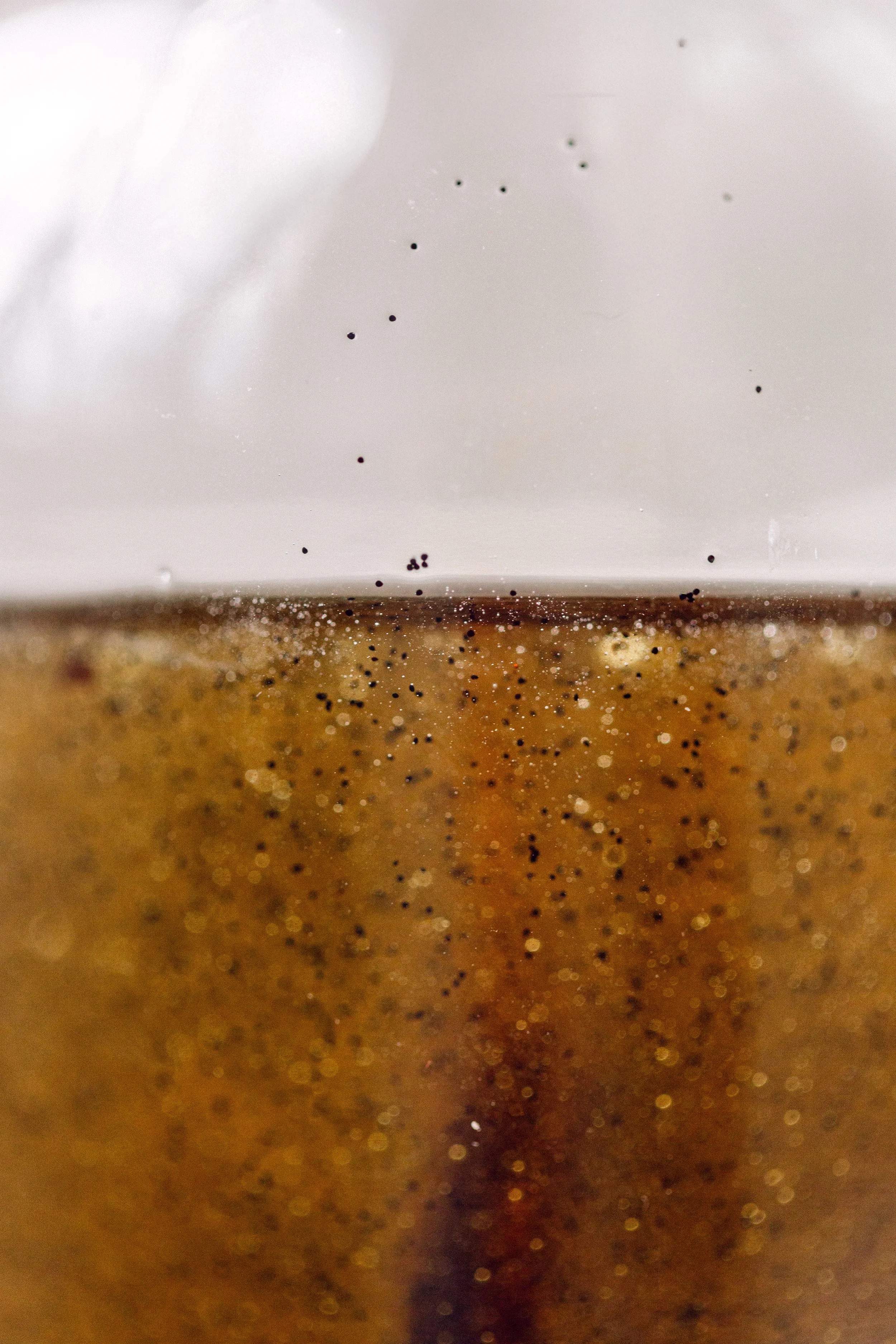 Close-up of a glass filled with a dark, carbonated beverage with bubbles rising to the surface.
