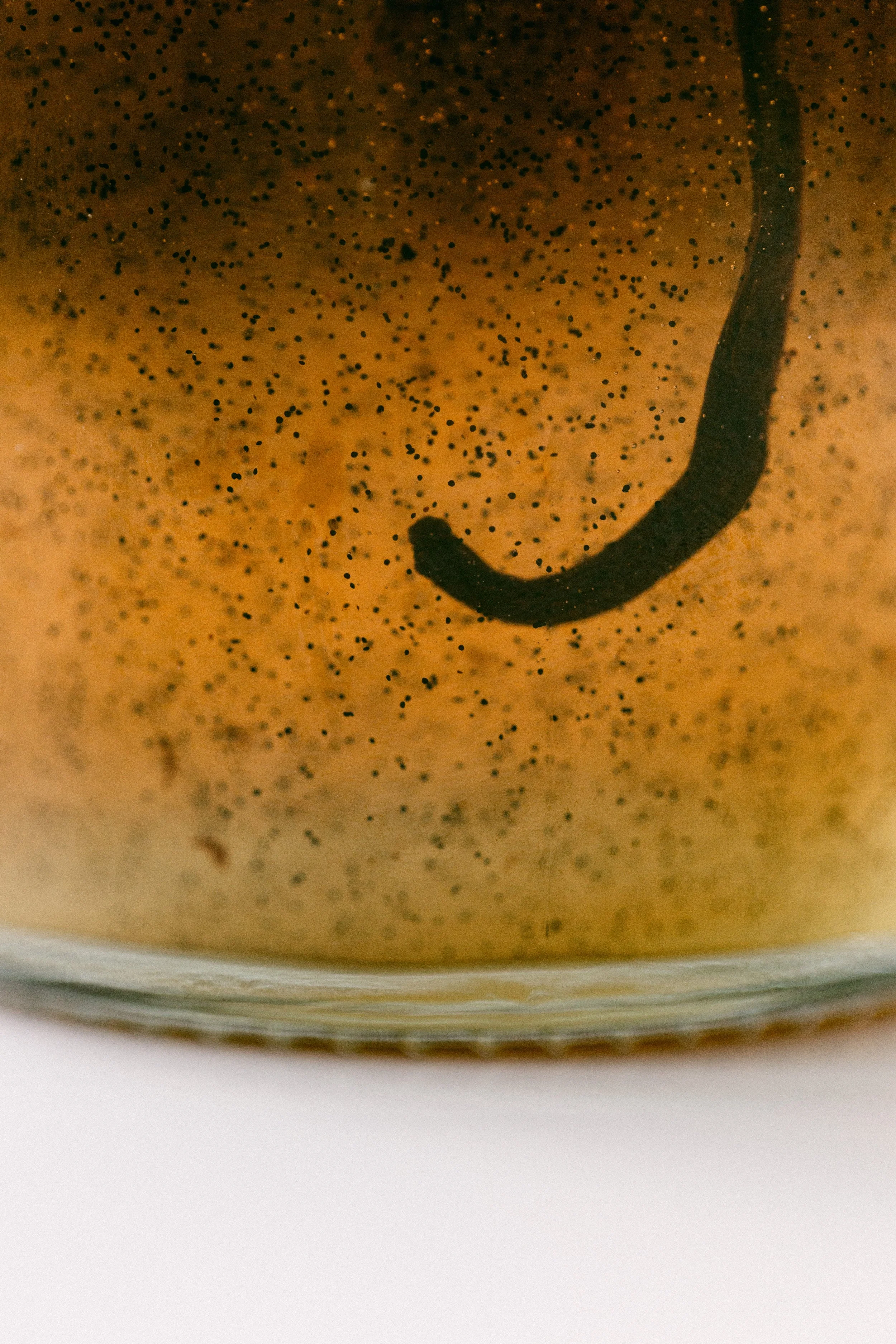 Close-up image showing the inside of a jar of vanilla pudding with black specks and a black spoon resting inside.