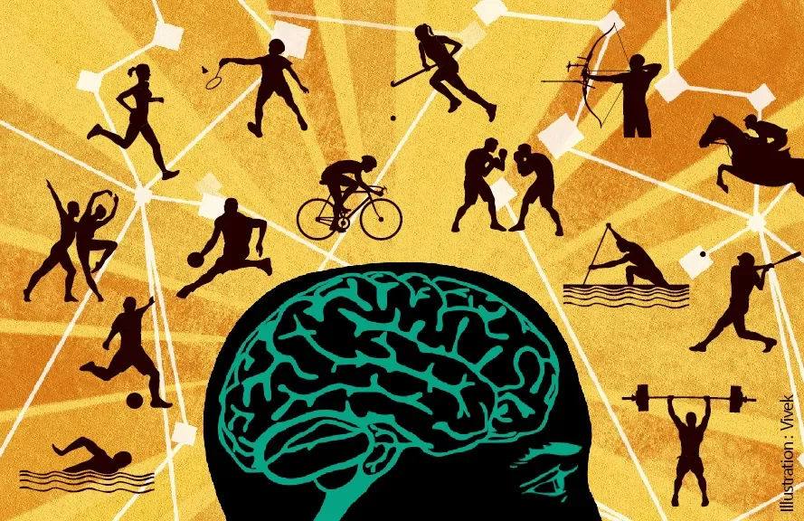 Various athletic activities around a central brain illustration, representing sports and physical activities.