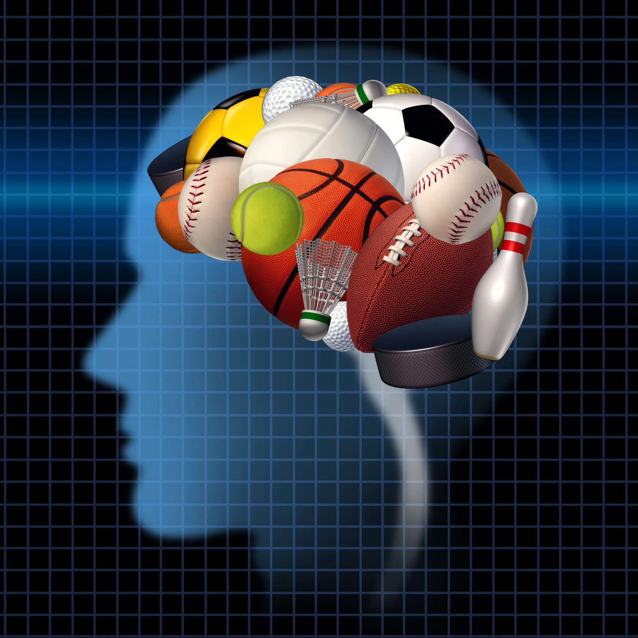 A pile of sports balls including soccer, football, basketball, tennis, baseball, volleyball, golf, and hockey puck, set against a blue grid background.