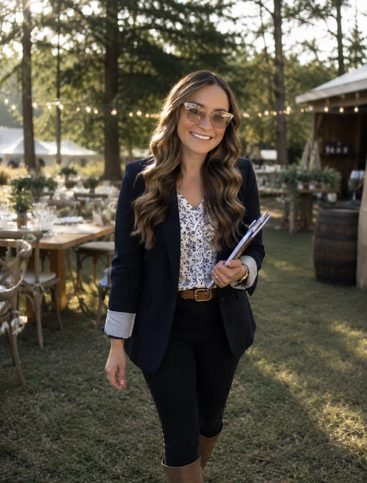 A woman with long wavy brown hair wearing glasses, a navy blazer, a white shirt with a black pattern, black pants, and brown boots, walking outdoors at a garden party setting during sunset, holding some papers in her left hand and smiling.