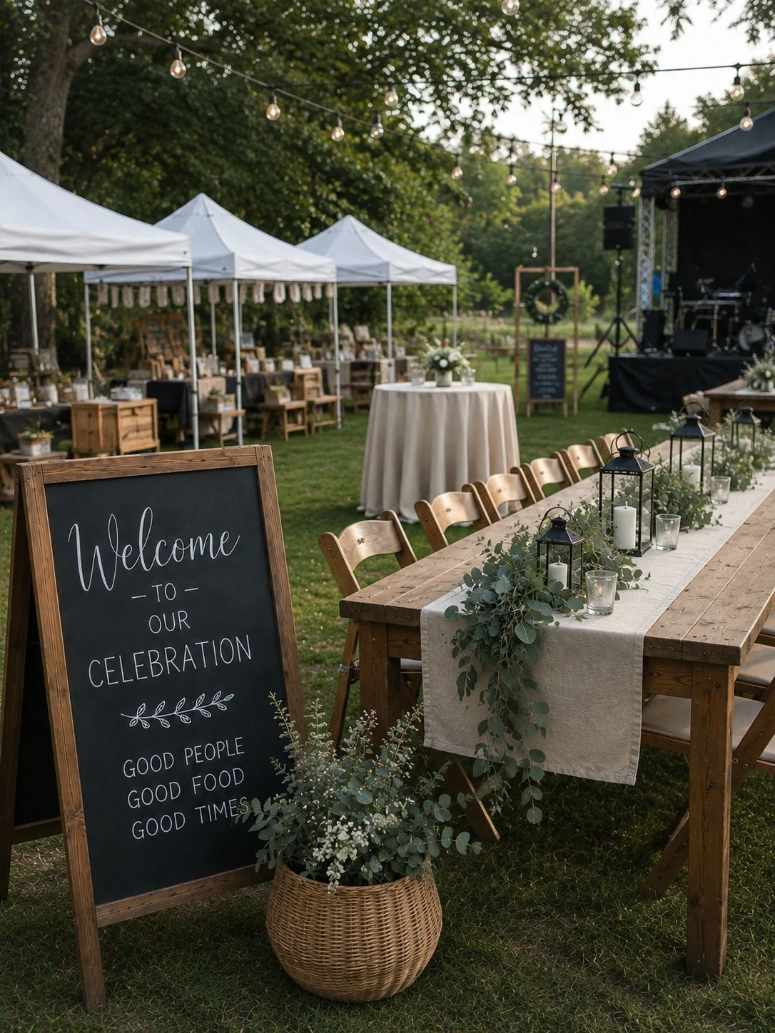 Outdoor celebration setup with wooden tables, chairs, and white tents, decorated with lanterns, greenery, and candles, featuring a welcoming chalkboard sign.