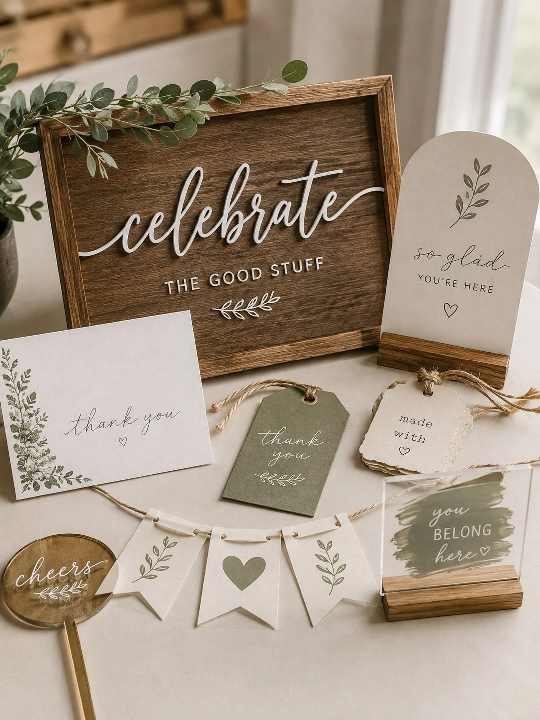 Decorative signs and cards with messages such as "celebrate the good stuff," "so glad you're here," "thank you," "made with," "cheers," and "you belong here," arranged on a table with greenery.