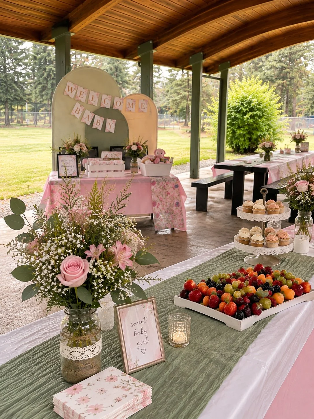Decorations for a baby girl shower with pink and green accents, including flowers, cupcakes, a fruit tray, and a welcome sign.