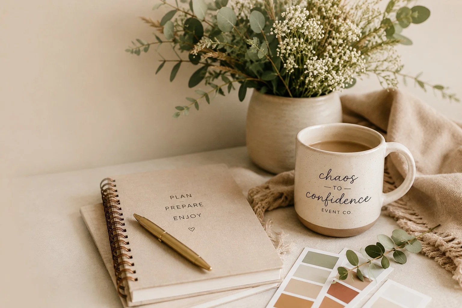 A cozy workspace with a beige notebook titled 'Plan, Prepare, Enjoy' with a gold pen on top, next to a cup of coffee that says 'chaos to confidence,' a vase with white flowers and green leaves, beige cloth, and color swatches.