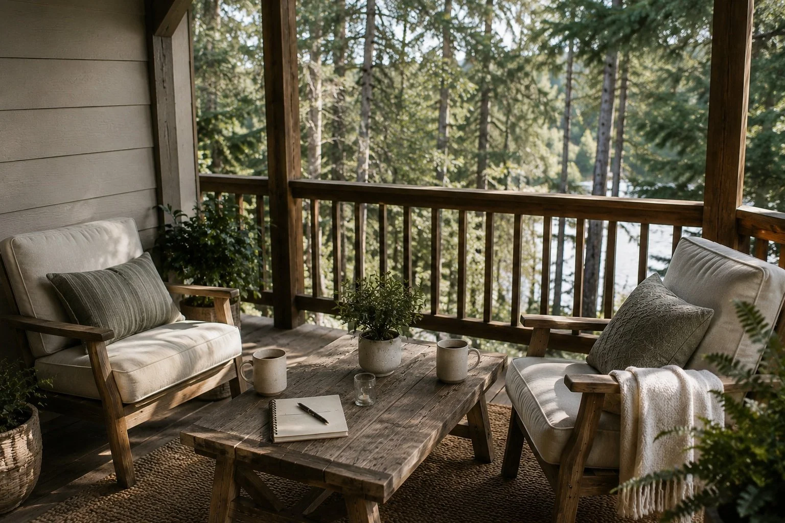 Cozy outdoor porch with wooden furniture, potted plants, and coffee mugs, overlooking a forested view.