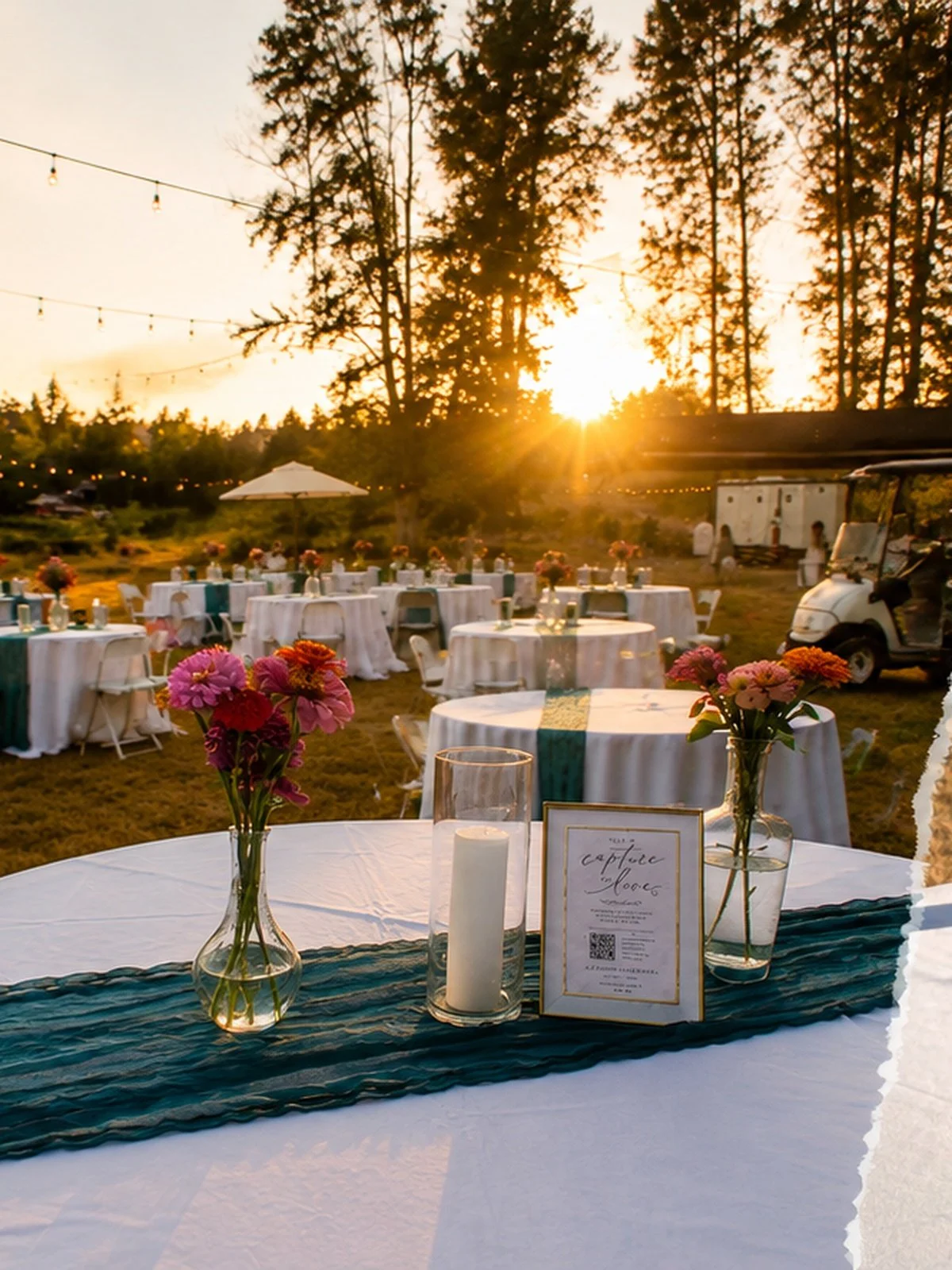 Outdoor wedding reception setup at sunset with round tables, white tablecloths, pink and orange flowers, candles, and string lights, surrounded by trees.