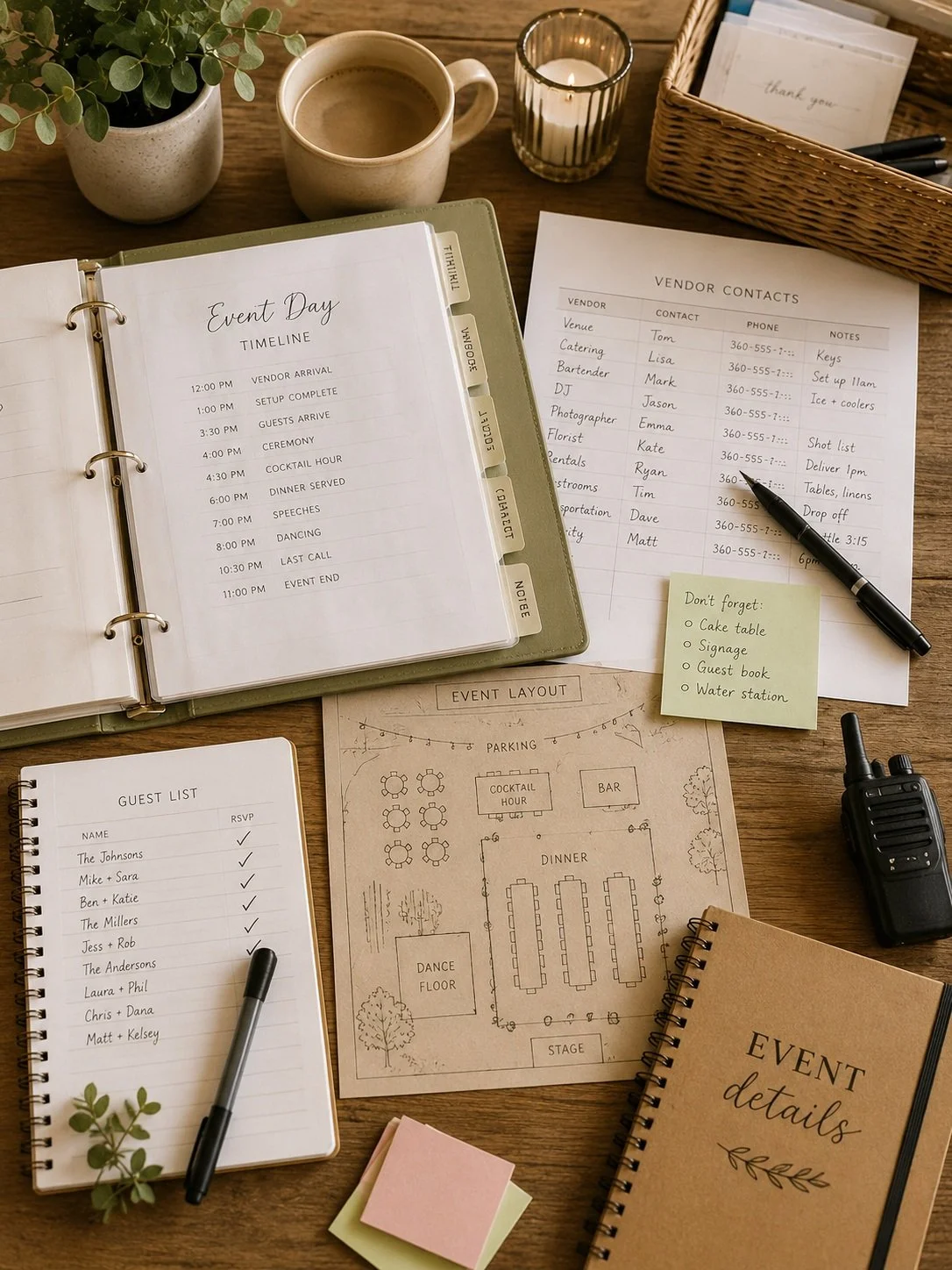 A table with event planning materials including a guest list, event layout sketch, contact list, event timeline, and reminder notes, along with a cup of coffee, candle, potted plant, basket of cards, and a walkie-talkie.