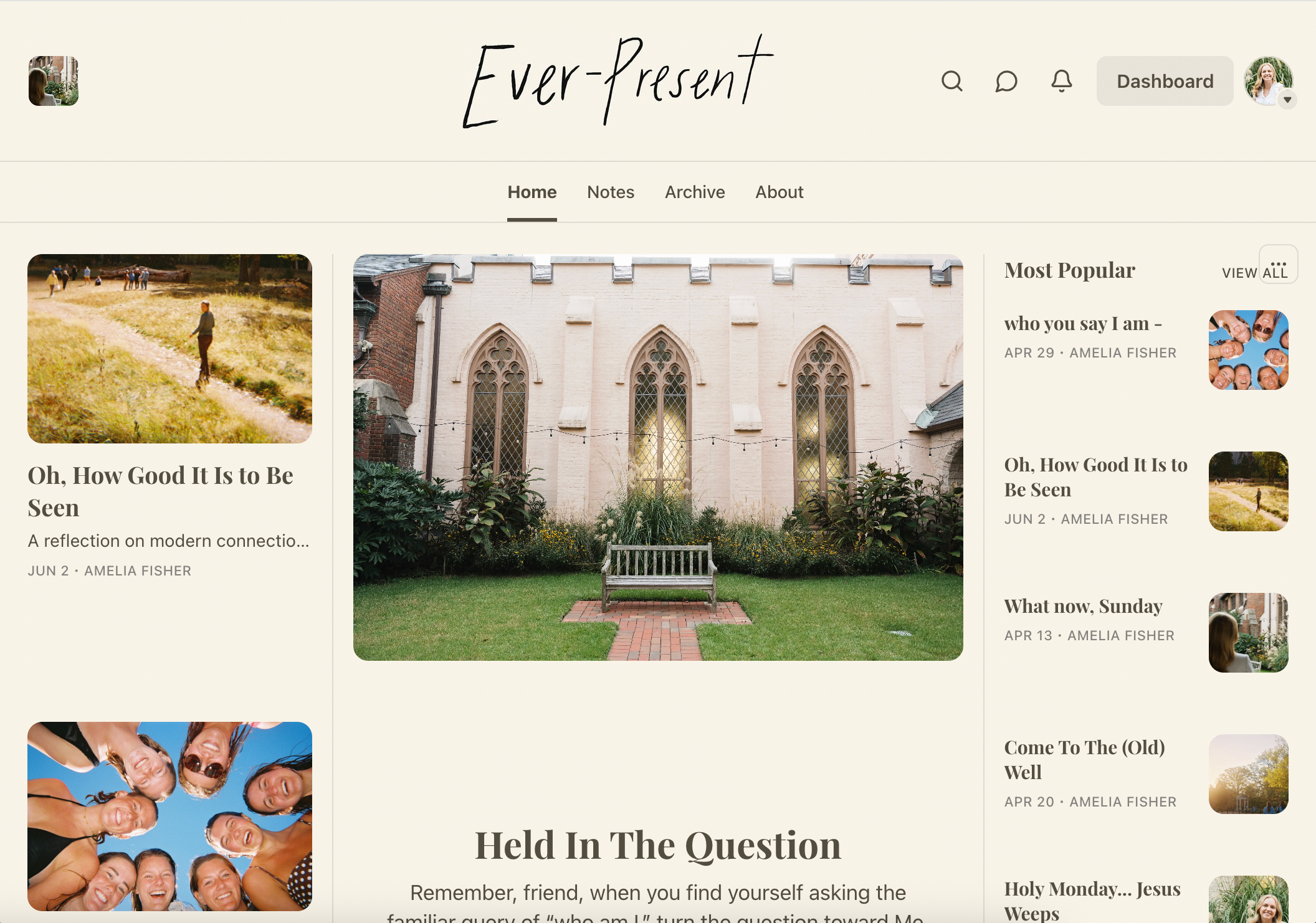 A screenshot of a personal blog website titled 'Ever-present,' with a header containing a profile picture, search icon, speech bubble icon, bell icon, and a dashboard button. The main content features various blog post previews with images and titles, including a photo of a church exterior with arched windows and a garden, a group of women smiling, and a person walking on a path in a grassy area.