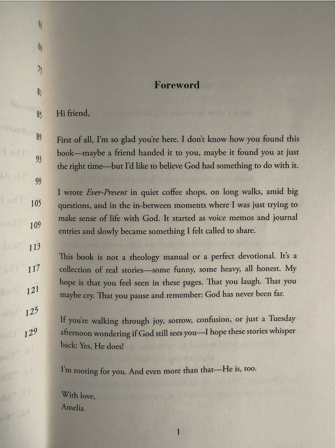 Page from a book titled 'Foreword' by Amelia, beginning with a personal message and discussion about the content and purpose of the book.