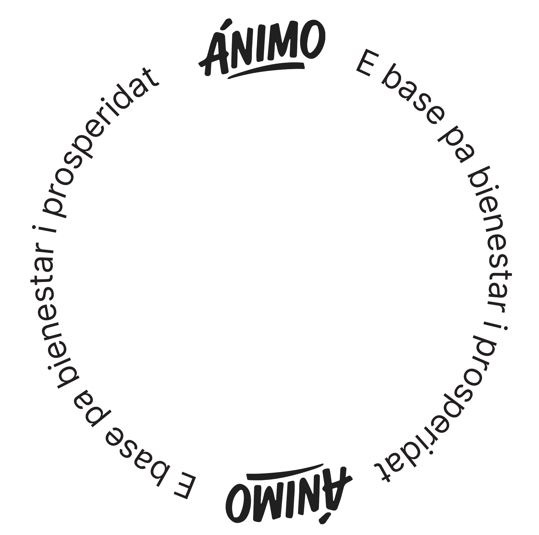 A circular logo with the word 'ÁNIMO' at the top in bold, black letters, and faded text around the circle that reads 'E base pa bienestar i prosperidat"