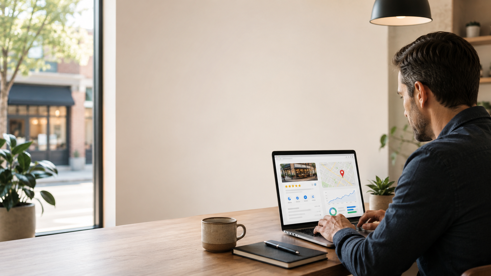 Local business owner reviewing Google Business Profile performance on a laptop