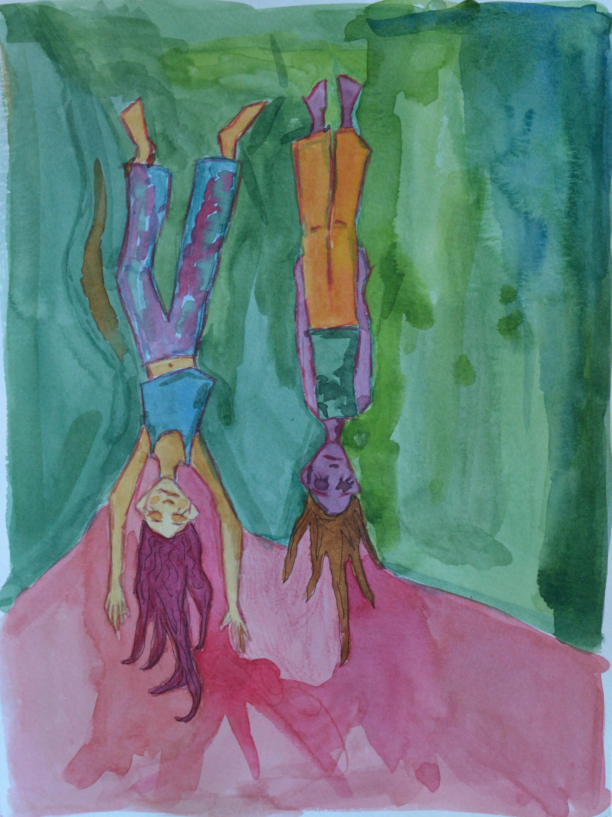 Watercolor painting of three people with long hair, walking on a pink path with green trees on either side, with a blue sky in the background.