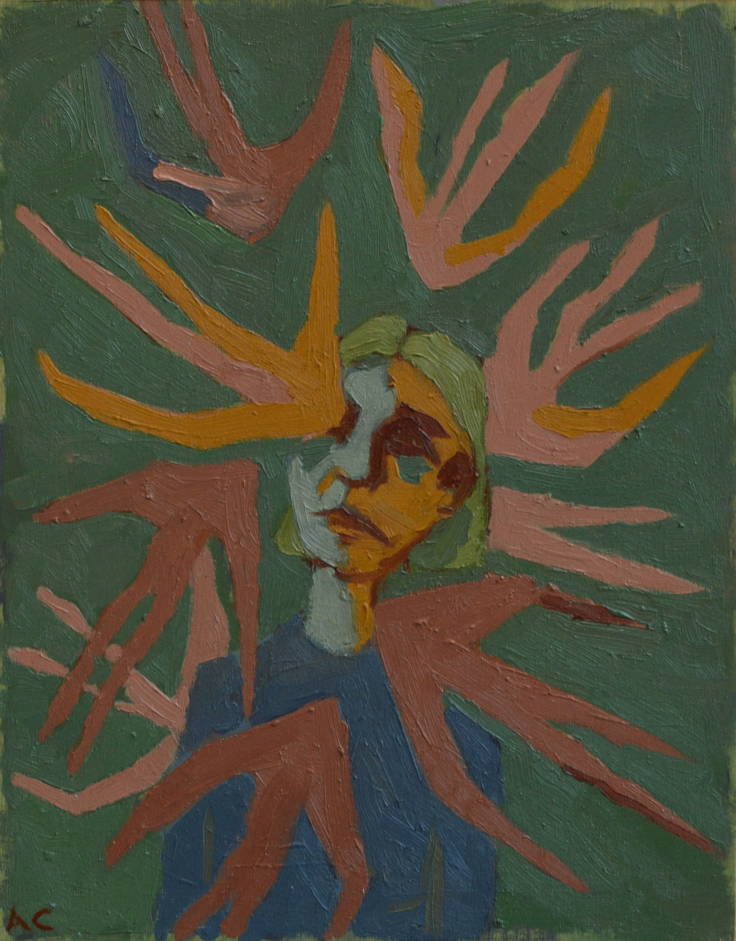 Abstract painting with orange, pink, yellow, green, blue, and brown colors in bold, expressive brushstrokes.