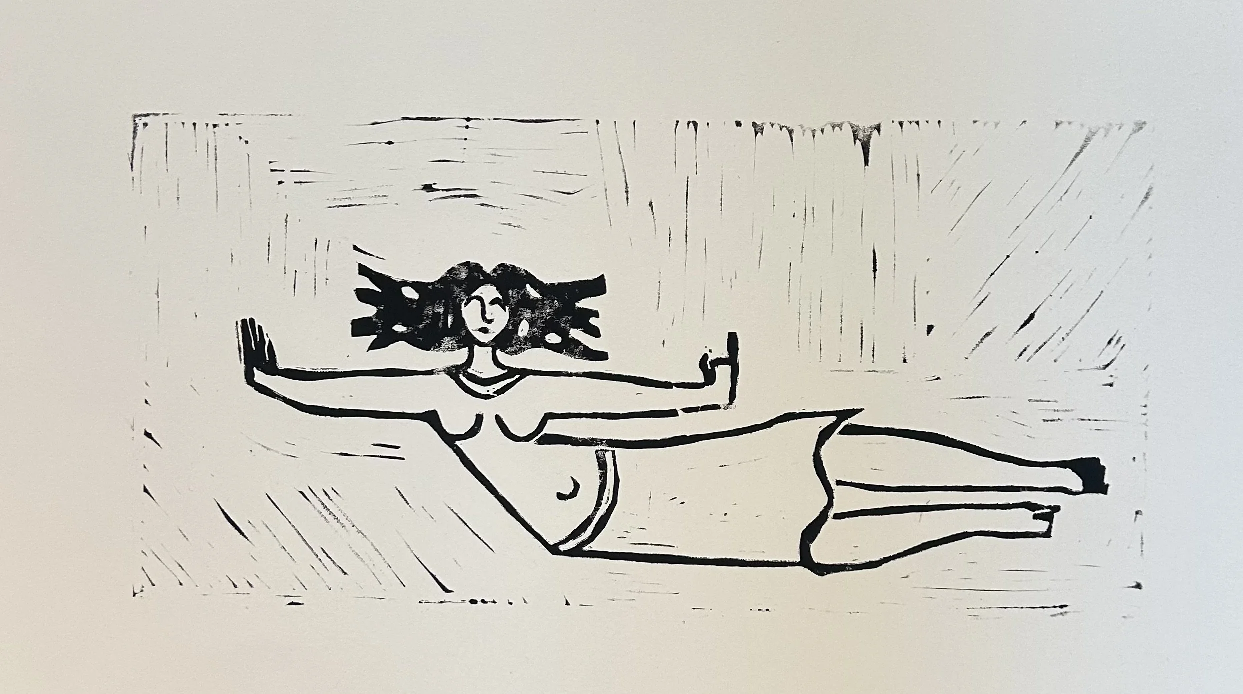 A minimalist black and white illustration of a woman with wavy hair, lying down with her arms extended, on a simple background.