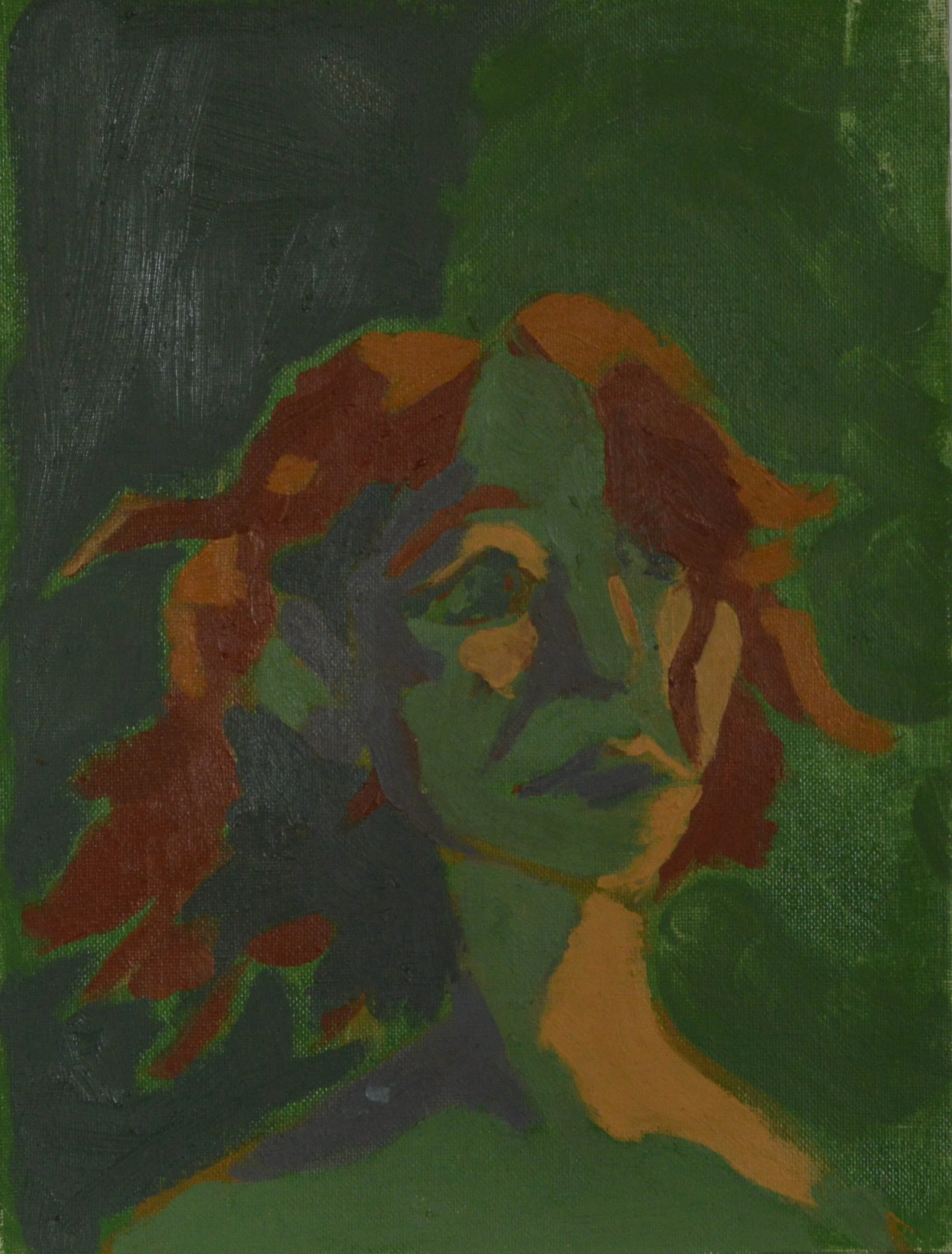 Abstract impressionist style painting of a person with hands on face, using bold brush strokes and warm colors like orange, red, and green, with a dark background.
