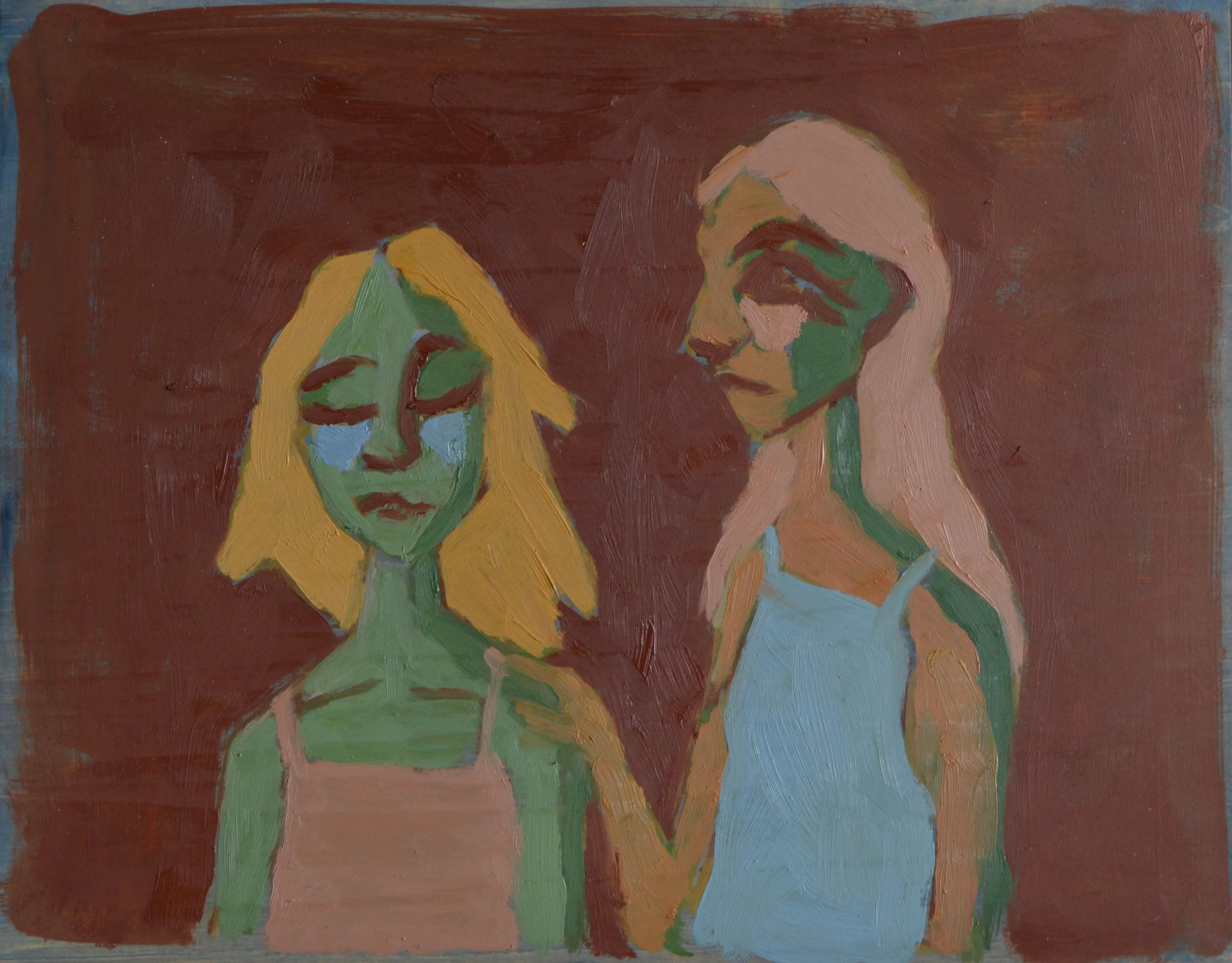 An abstract painting of two women with closed eyes, painted in bold brushstrokes with green, pink, yellow, and brown colors, against a reddish-brown background.