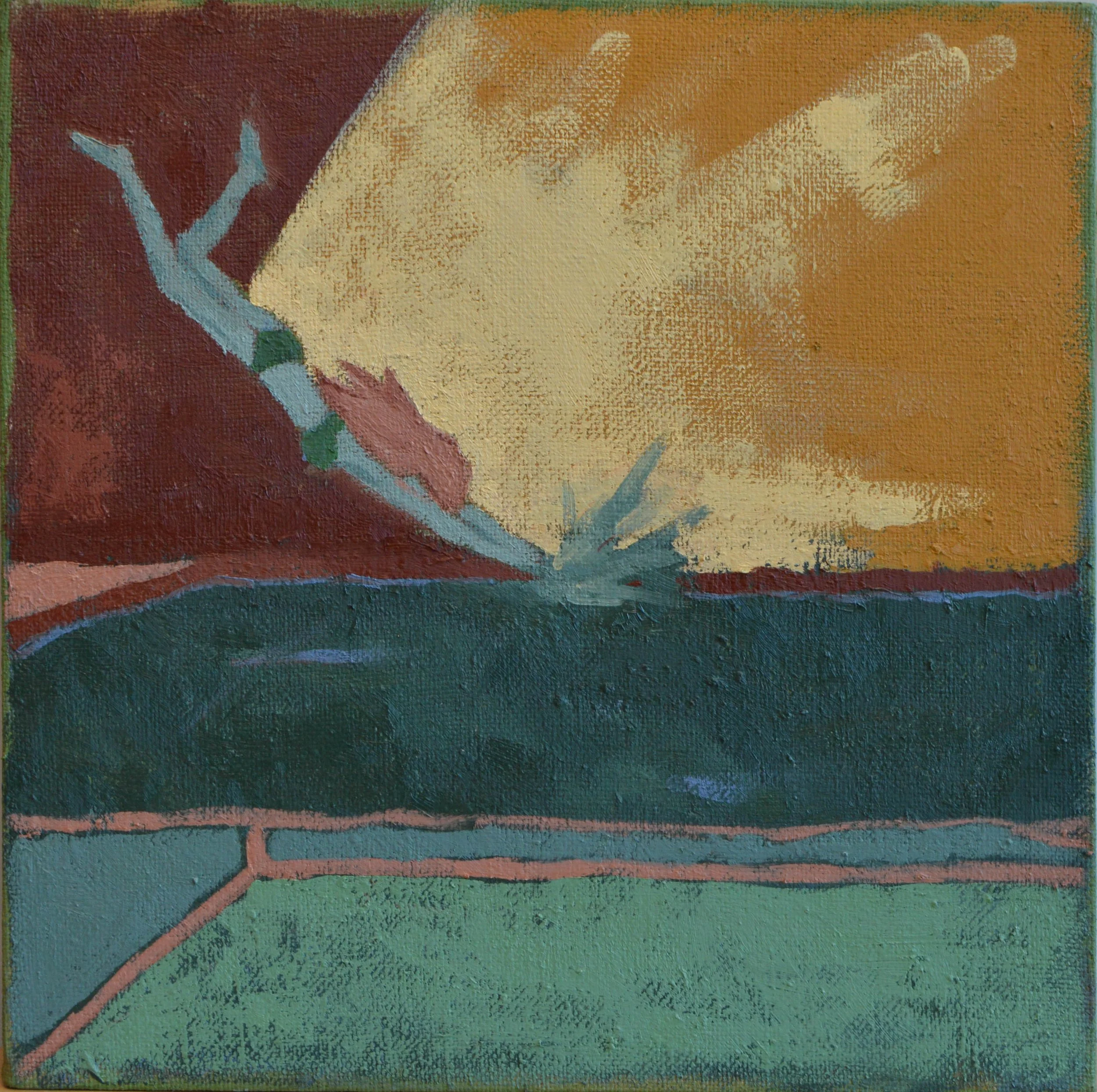 Close-up of a textured, colorful abstract painting with overlapping orange, green, and blue hues with visible brushstrokes.