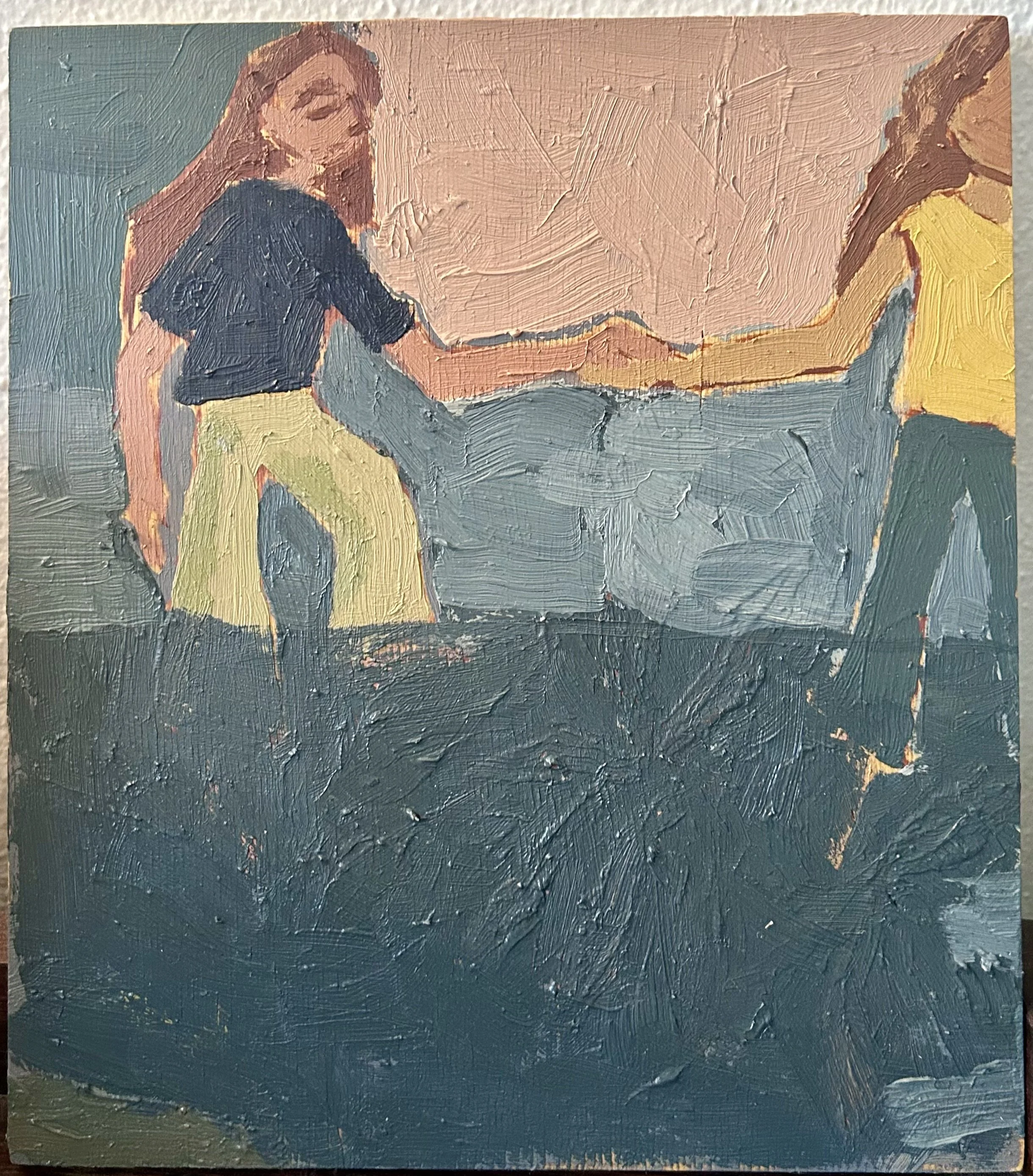 An oil painting of two women holding hands. One woman wears a black top and yellow pants, the other is in a yellow top and blue jeans. The background features warm and cool tones with textured brushstrokes.