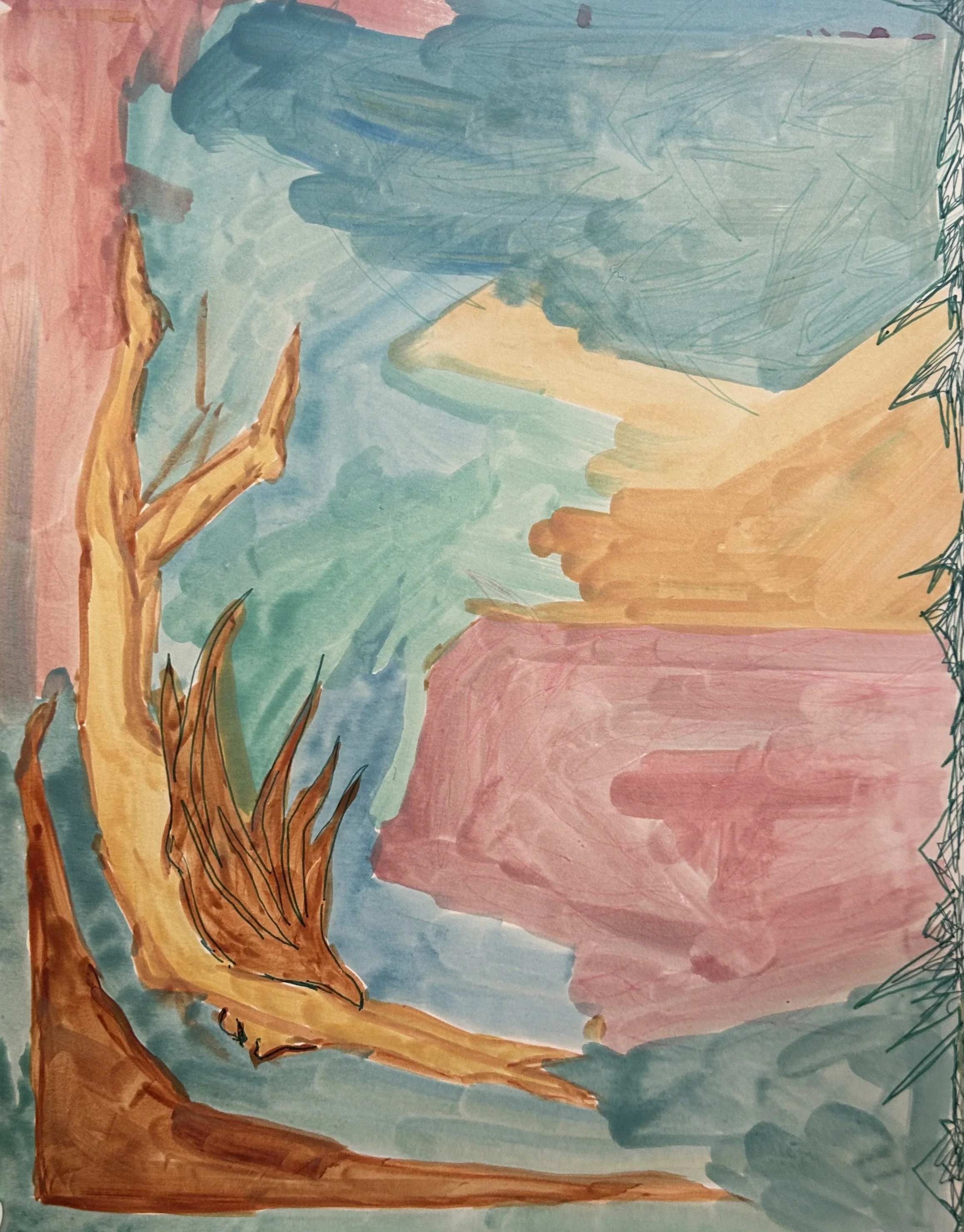 A child's colorful drawing featuring a large blue sky, a mountain or hill, orange and yellow sun rays or tree, and a border of green leaves or grass.