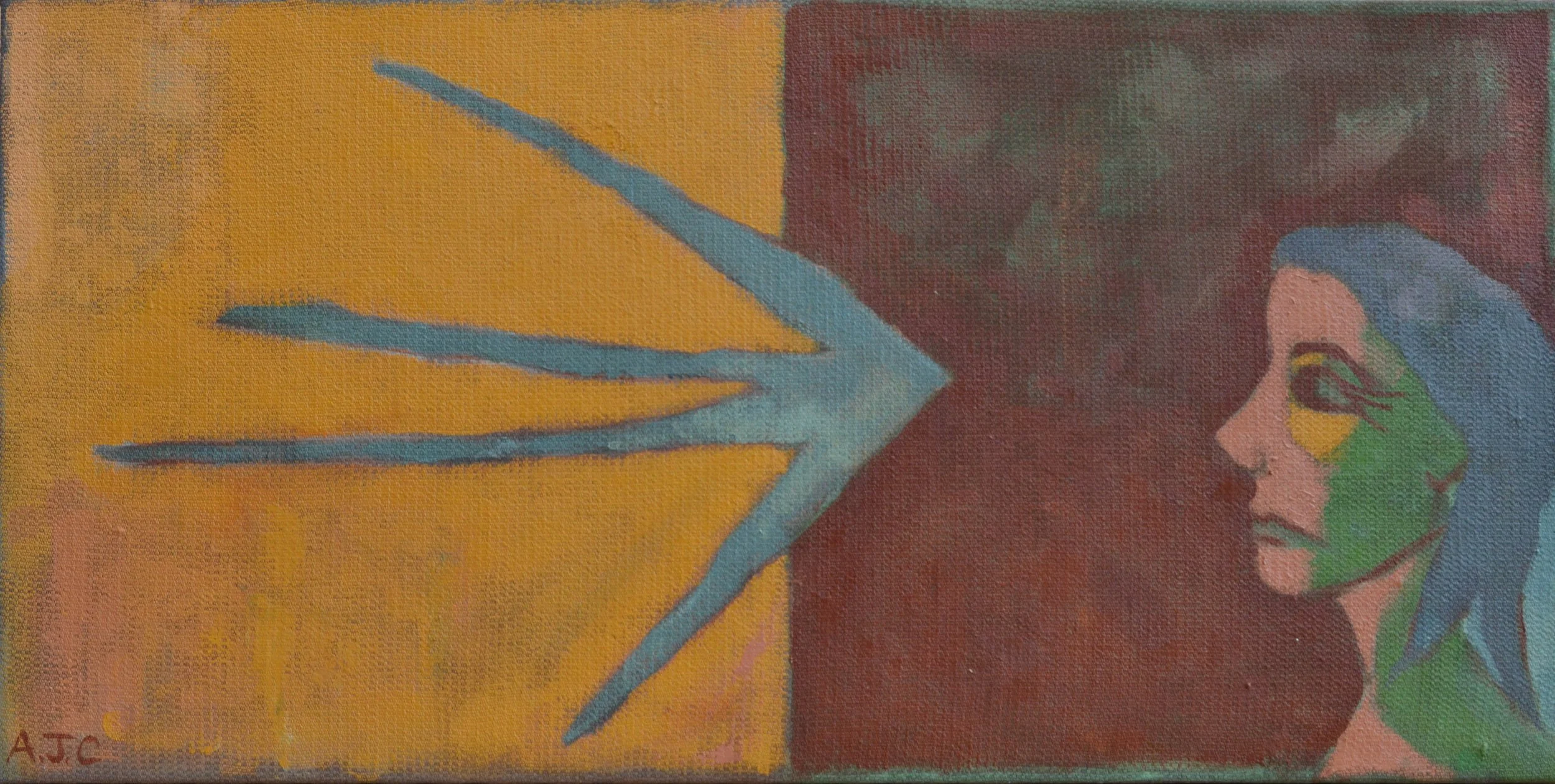 A colorful abstract painting of a woman's face in profile with blue and green hues, set against a background split between yellow and red.