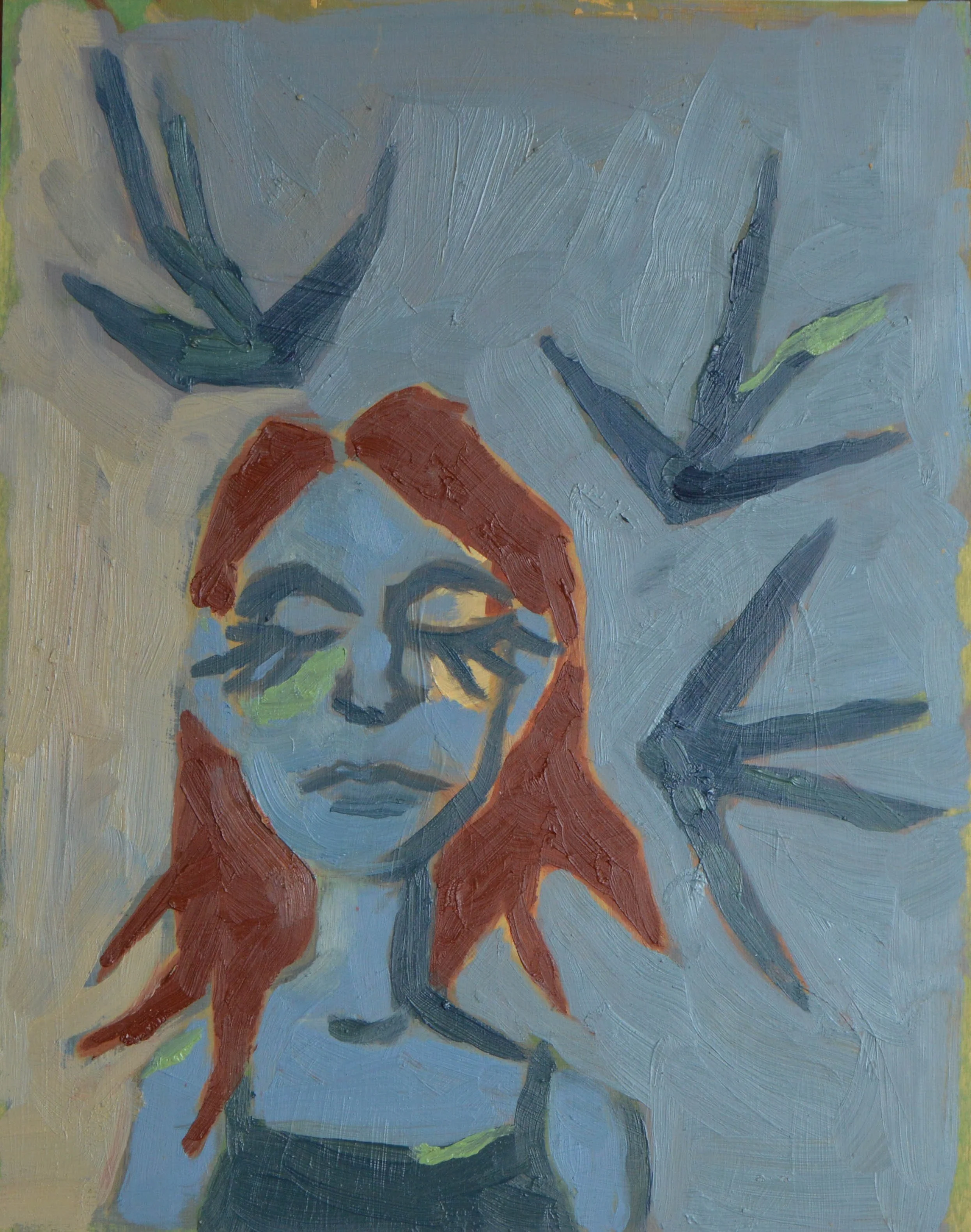 Abstract painting of a woman with short hair, wearing glasses and an orange top, using broad brush strokes with mainly blue, orange, and beige colors.