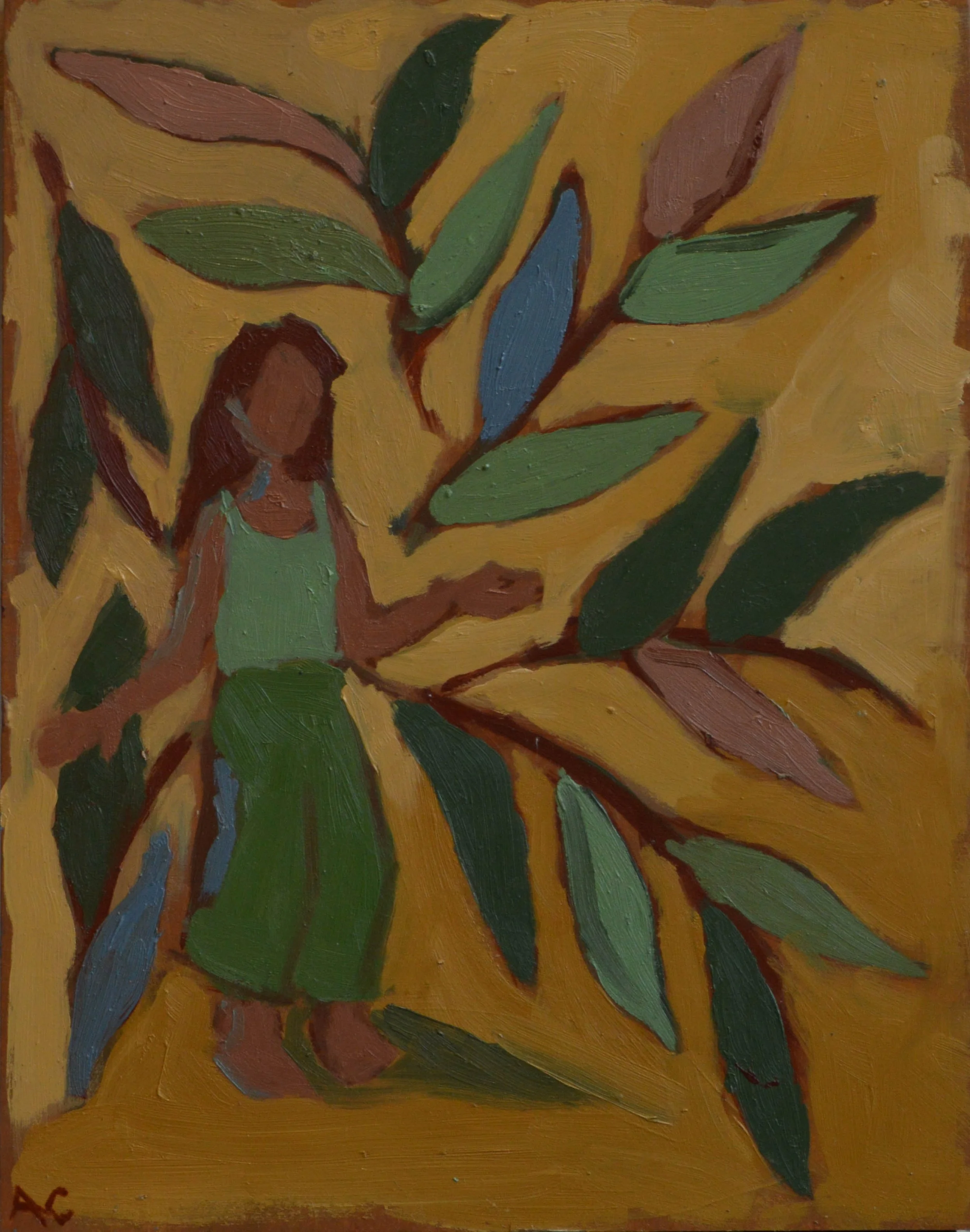 A painting with leaves in various shades of green, blue, and brown on a yellow background.