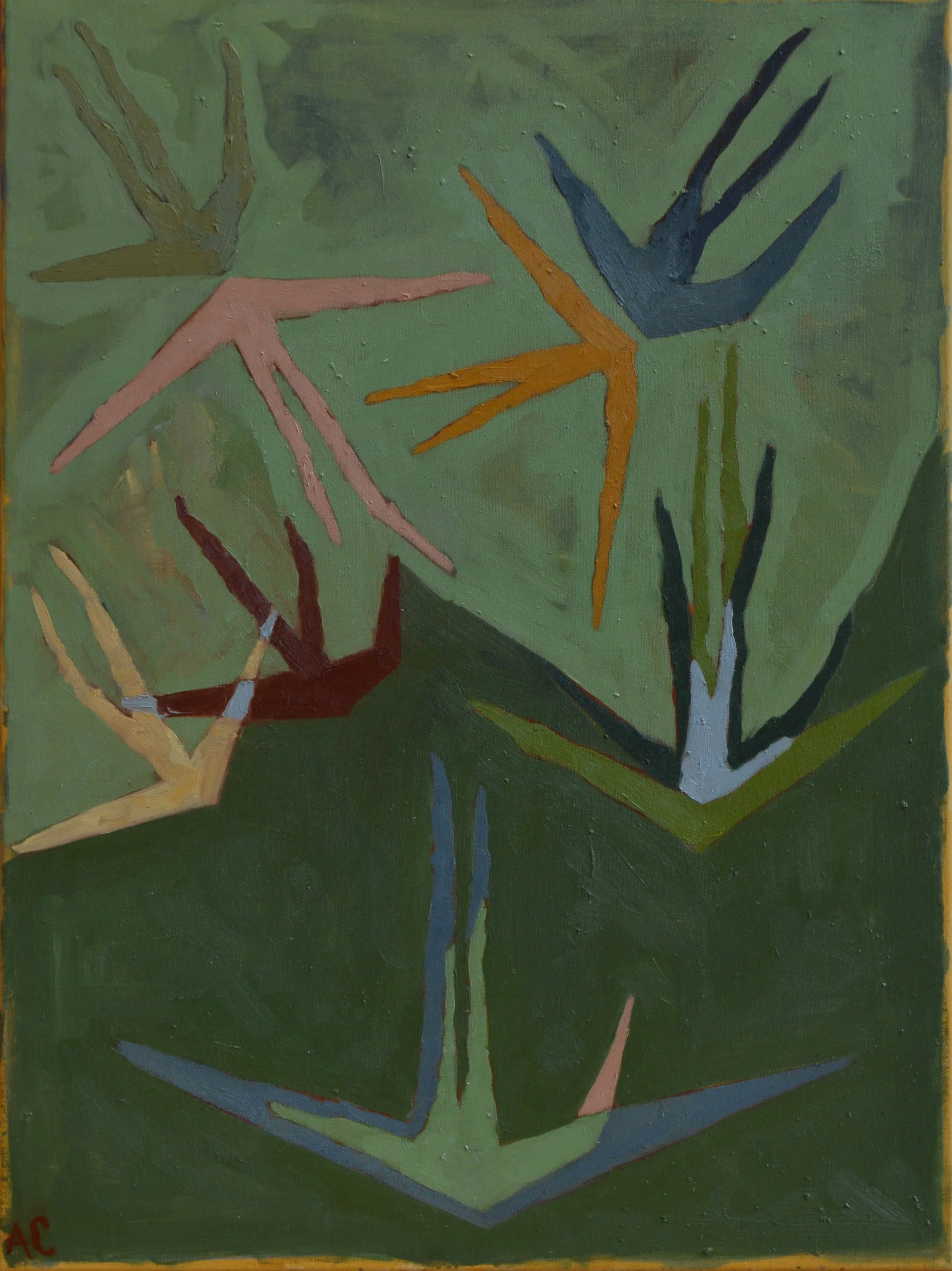 Abstract painting with a green background and stylized, angular plant forms in shades of pink, orange, blue, and black.