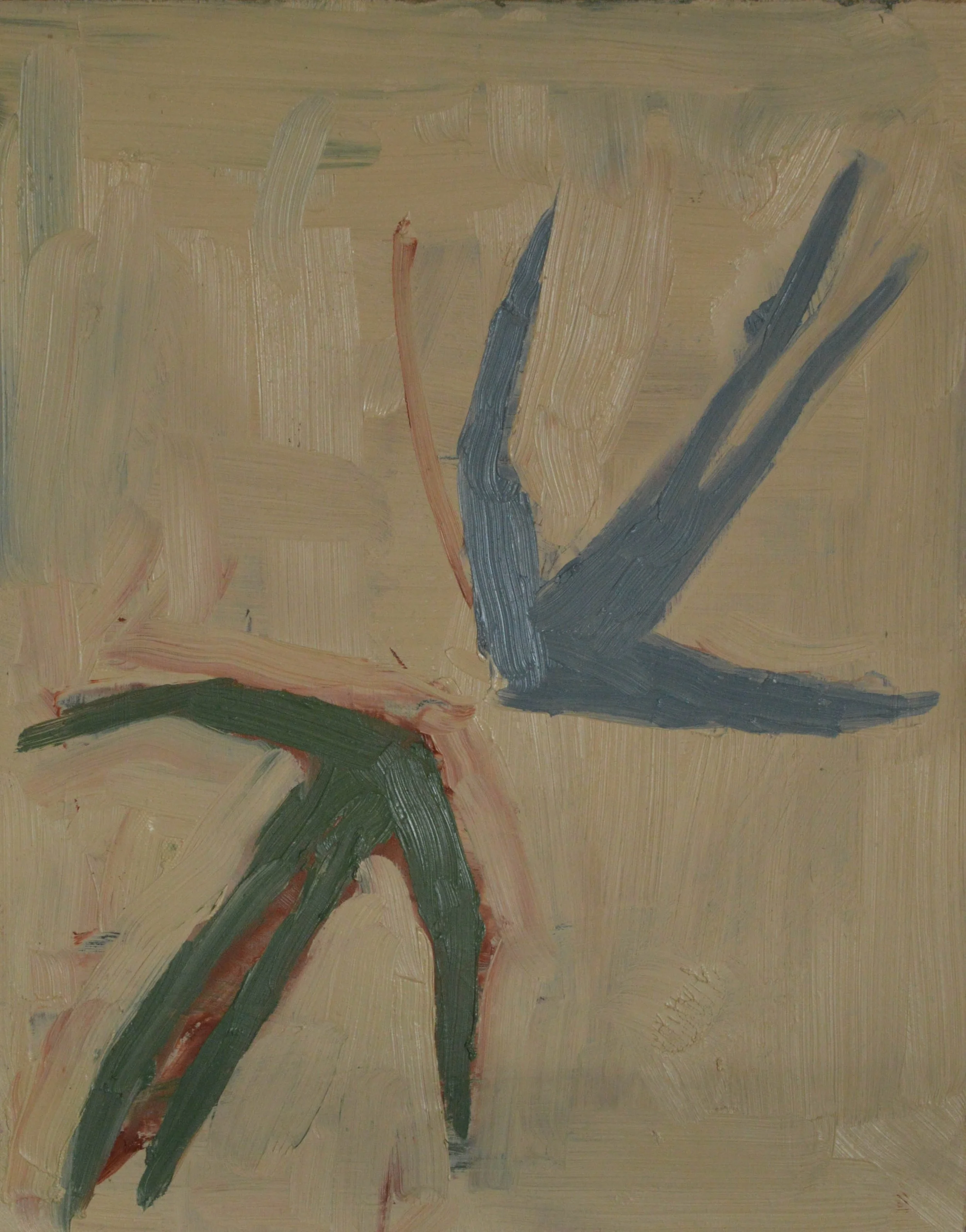 Abstract painting with thick brushstrokes in beige, black, green, and reddish-brown colors.